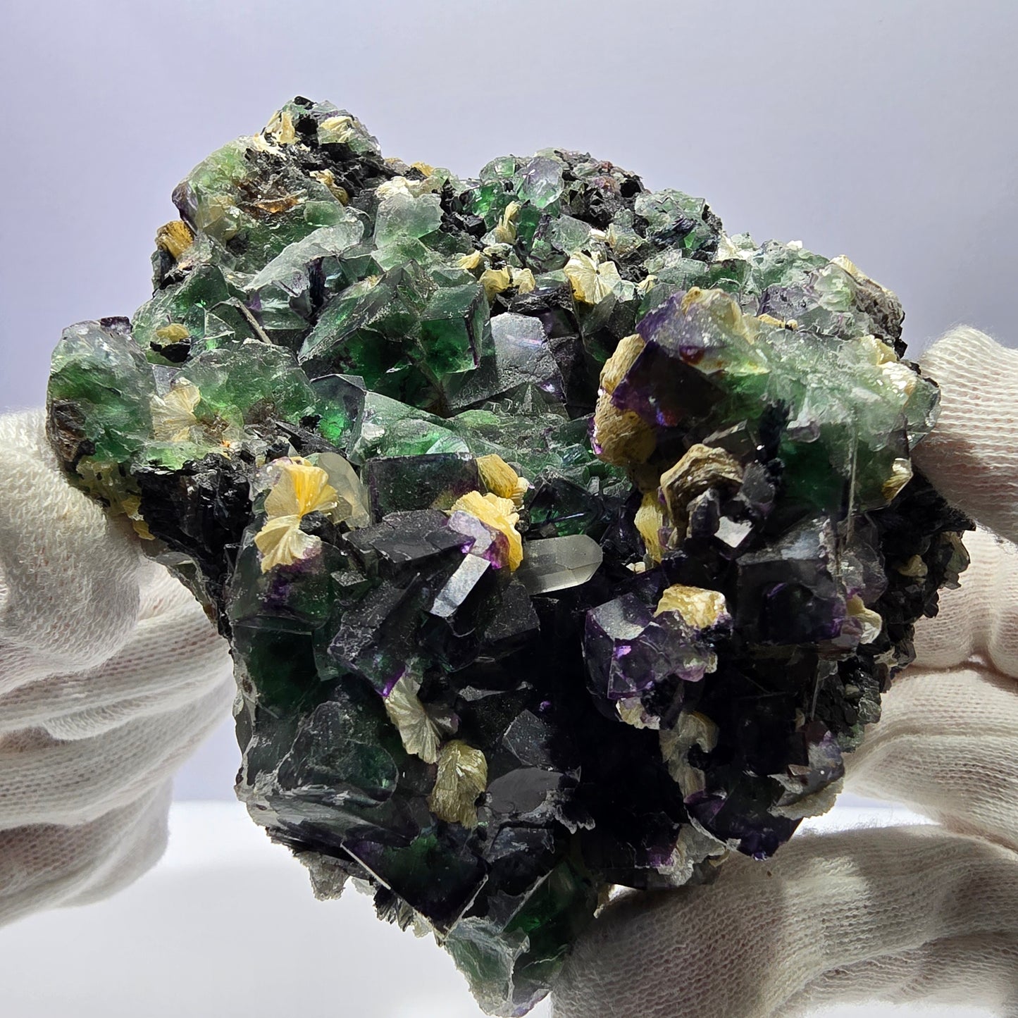 Fluorite fantôme XL, muscovite, hyalite, quartz fumé, tourmaline Schörl, Erongo, Namibie, 107 x 105 x 67 mm