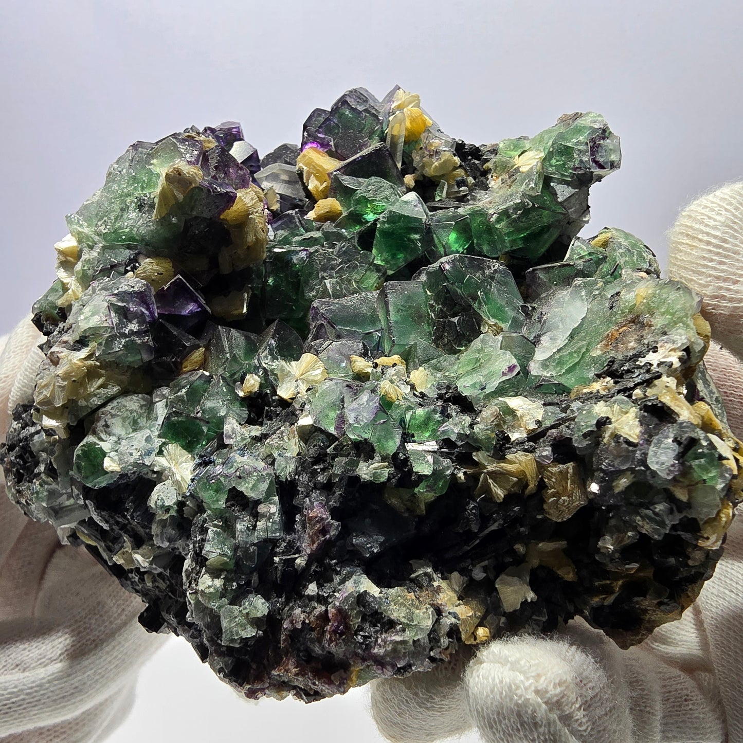 Fluorite fantôme XL, muscovite, hyalite, quartz fumé, tourmaline Schörl, Erongo, Namibie, 107 x 105 x 67 mm