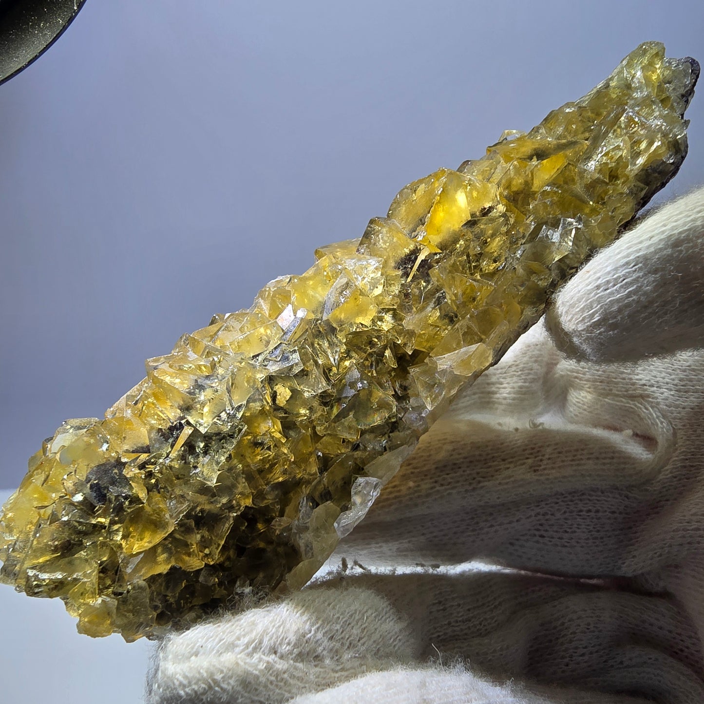 Grand spécimen de cube de fluorite fantôme, poche jaune miel, Okorusu, Namibie, 101 x 30 x 34 mm