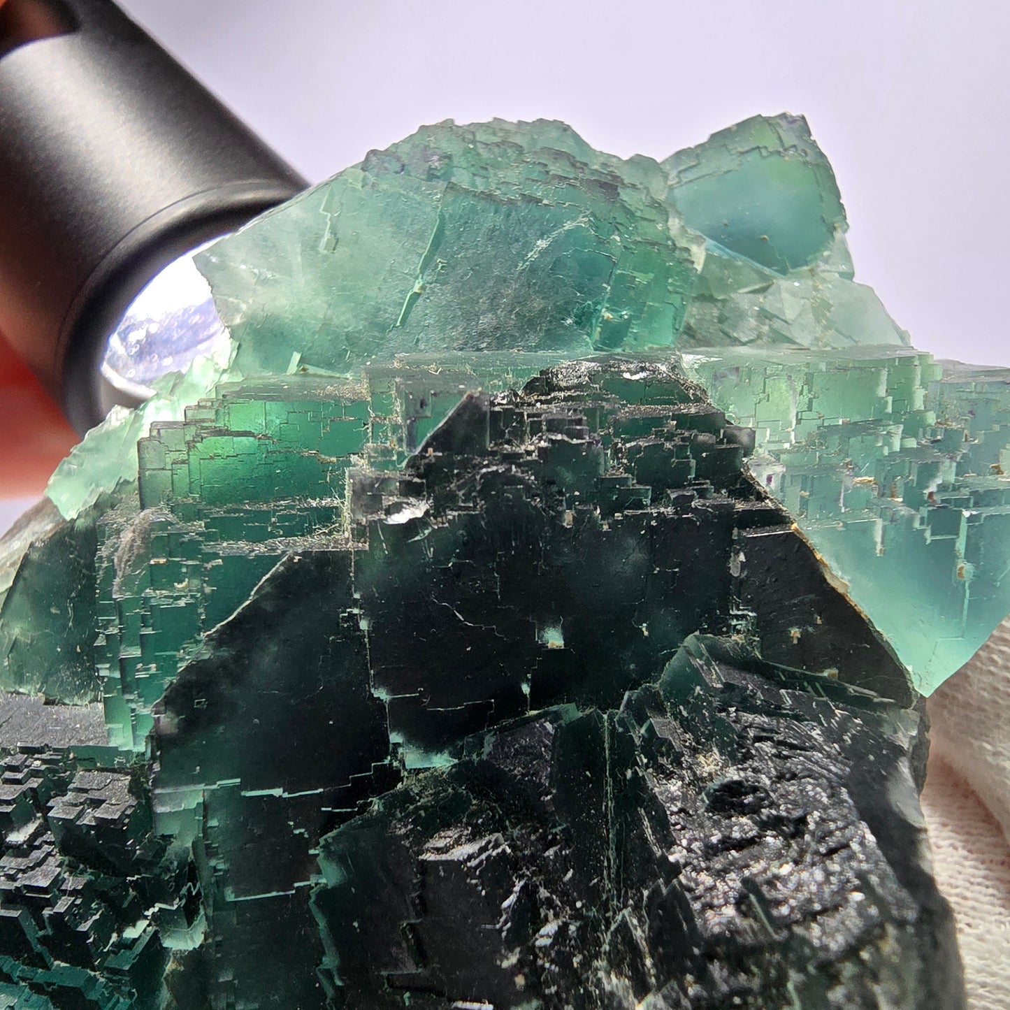 Grand cube de fluorite fantôme vert étagé Okorusu Namibie 100 x 68 x 42 mm