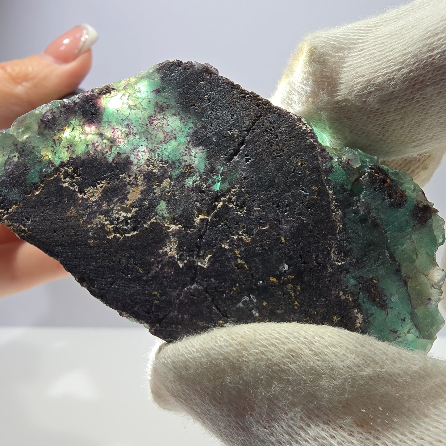 Spécimen de cube de fluorite fantôme parqueté vert violet Okorusu Namibie 79*44*19mm