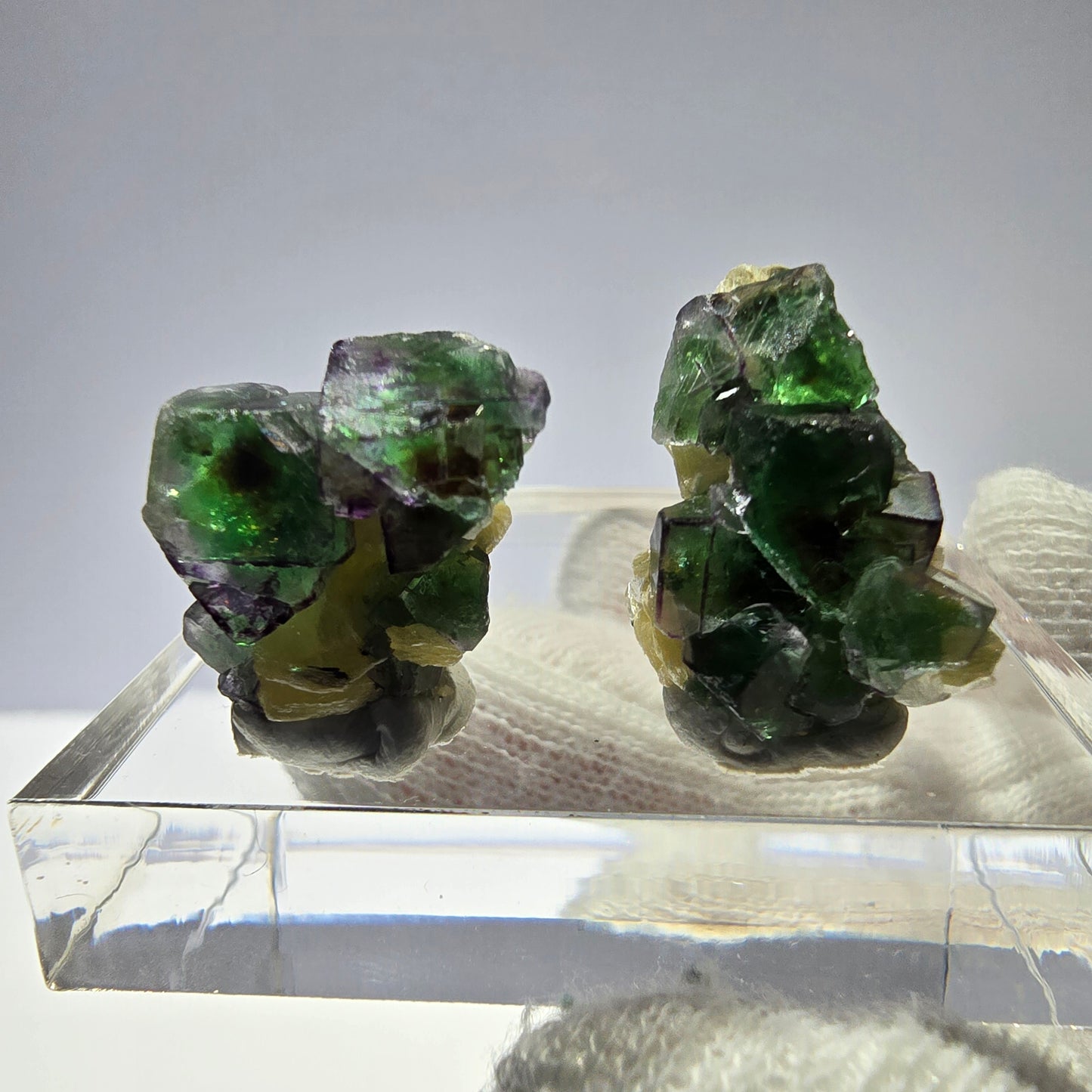2er Set Phantom Fluorit Würfel, Muskovit Hyalit Stufe Erongo, Namibia 21+18mm