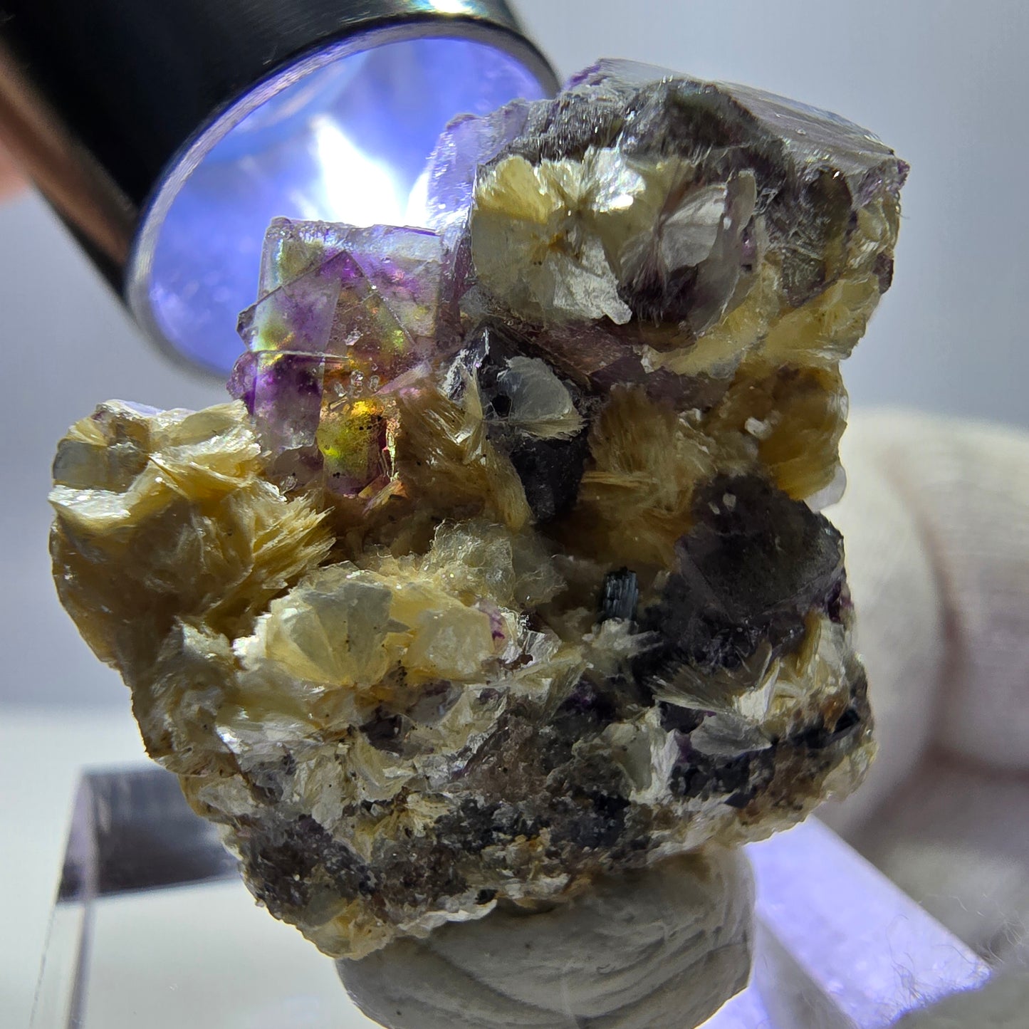 Spécimen de fluorite fantôme colorée, tourmaline scholle, muscovite, Erongo, Namibie, 27 x 24 x 18 mm