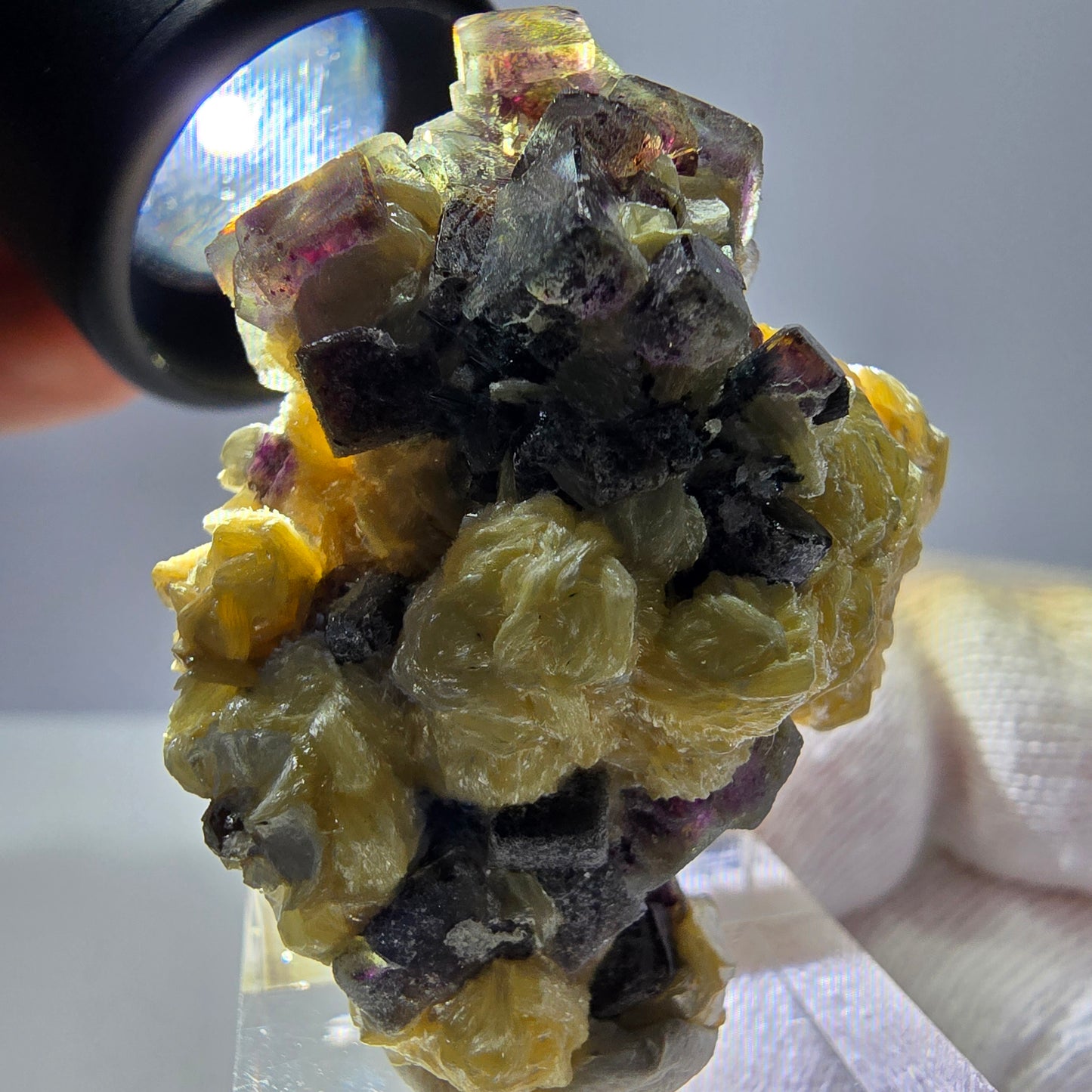 Cubes de fluorite fantôme colorés, spécimen de muscovite, Erongo, Namibie, 43 x 35 x 25 mm