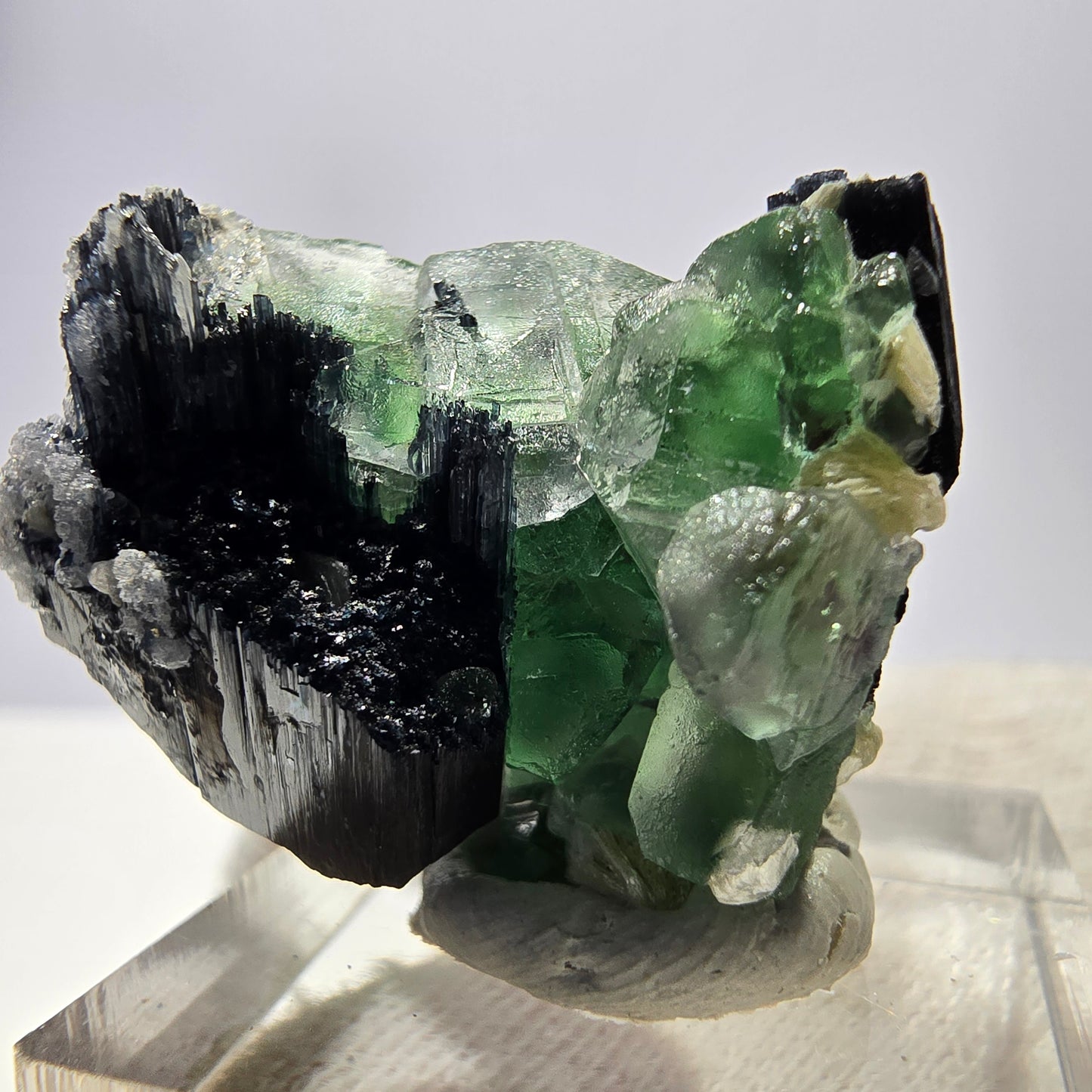 Fluorite fantôme, tourmaline Schörl, muscovite, hyalite, stade Erongo, Namibie 27*25*20 mm