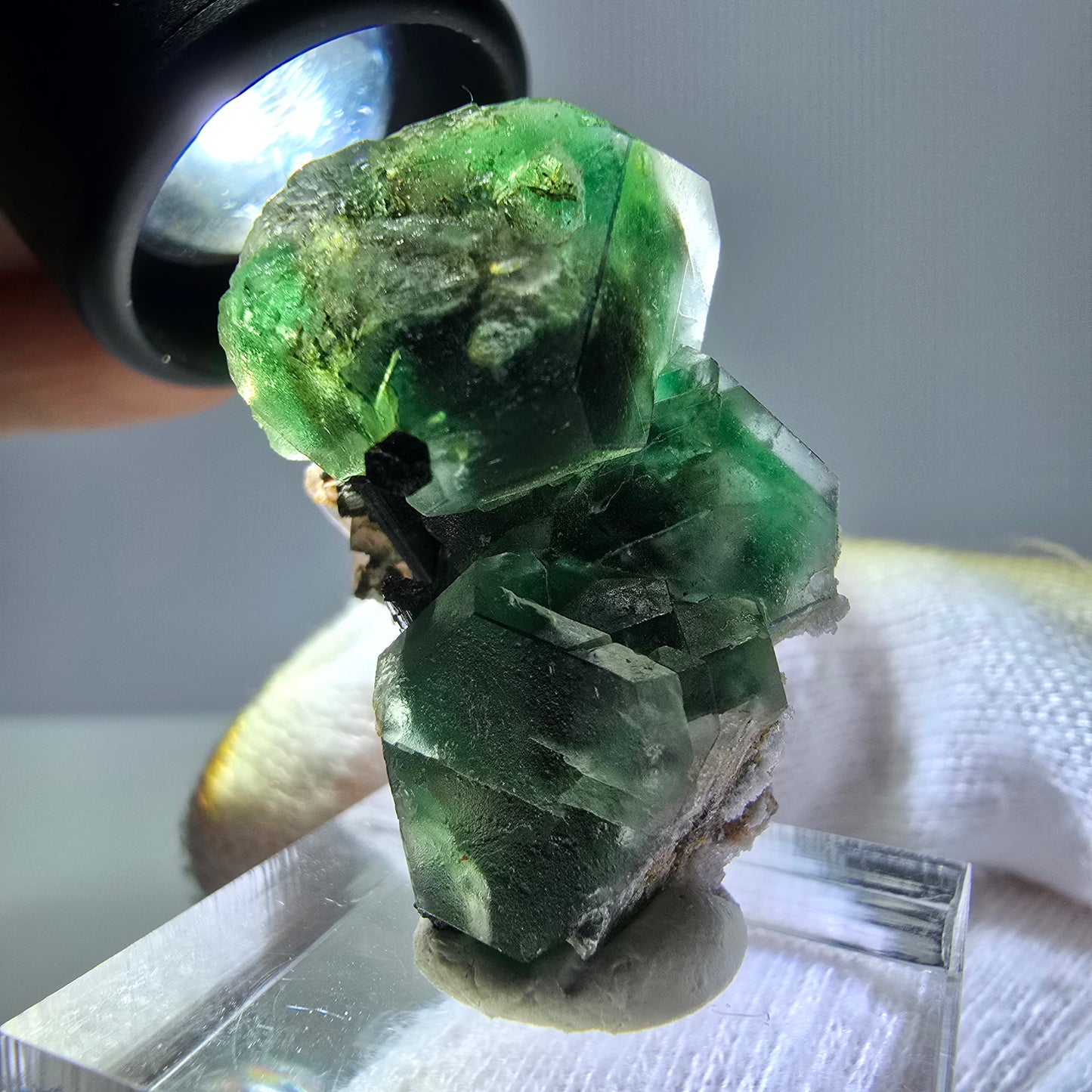 Fluorite fantôme hexagonale, tourmaline Schörl, quartz fumé, hyalite, Erongo, Namibie, 33 x 22 x 23 mm