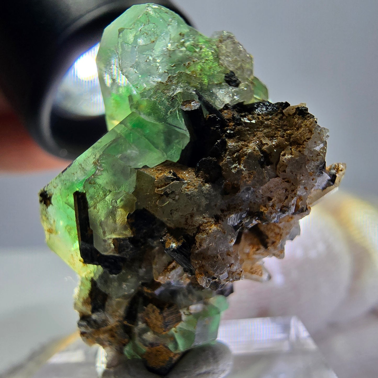 Fluorite fantôme hexagonale, tourmaline Schörl, quartz fumé, hyalite, Erongo, Namibie, 33 x 22 x 23 mm