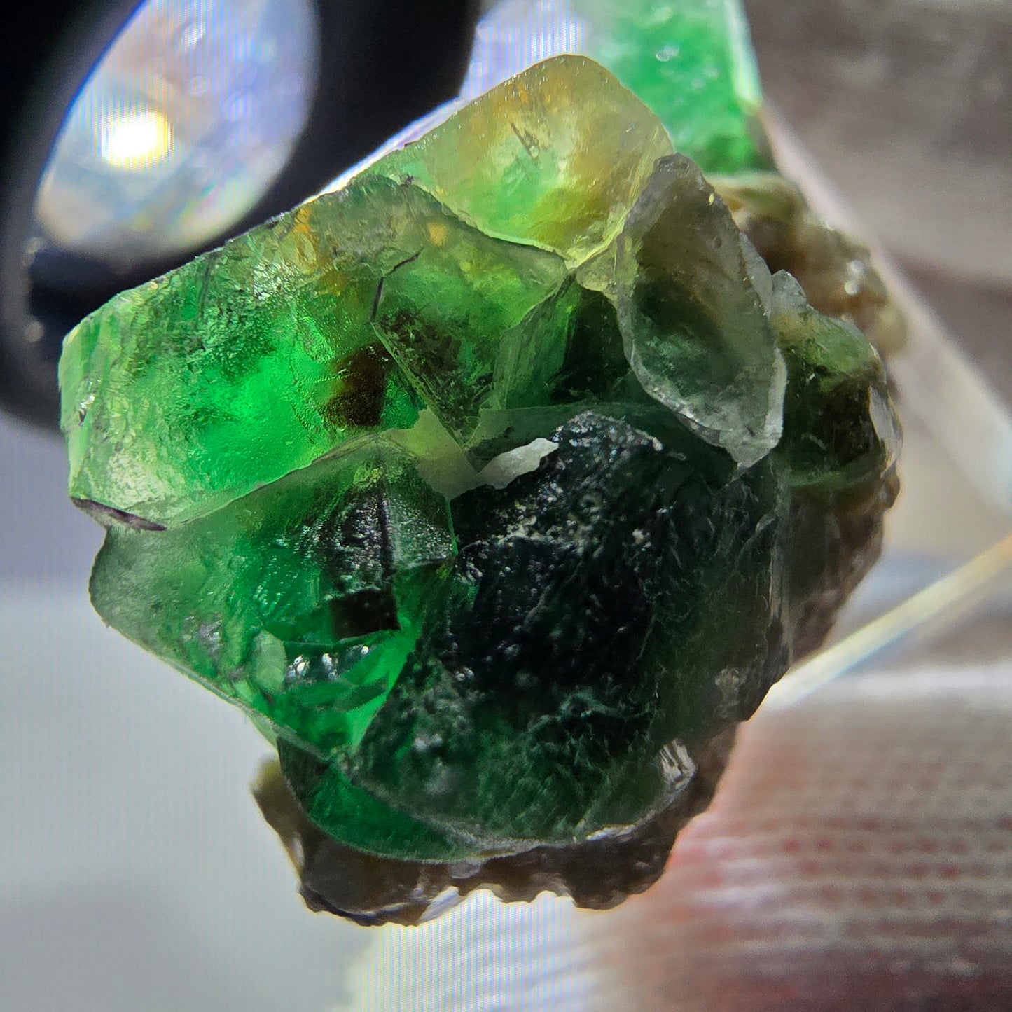 Cube de fluorite fantôme zonal, muscovite, spécimen d'hyalite, Erongo, Namibie, 34 x 28 x 22 mm