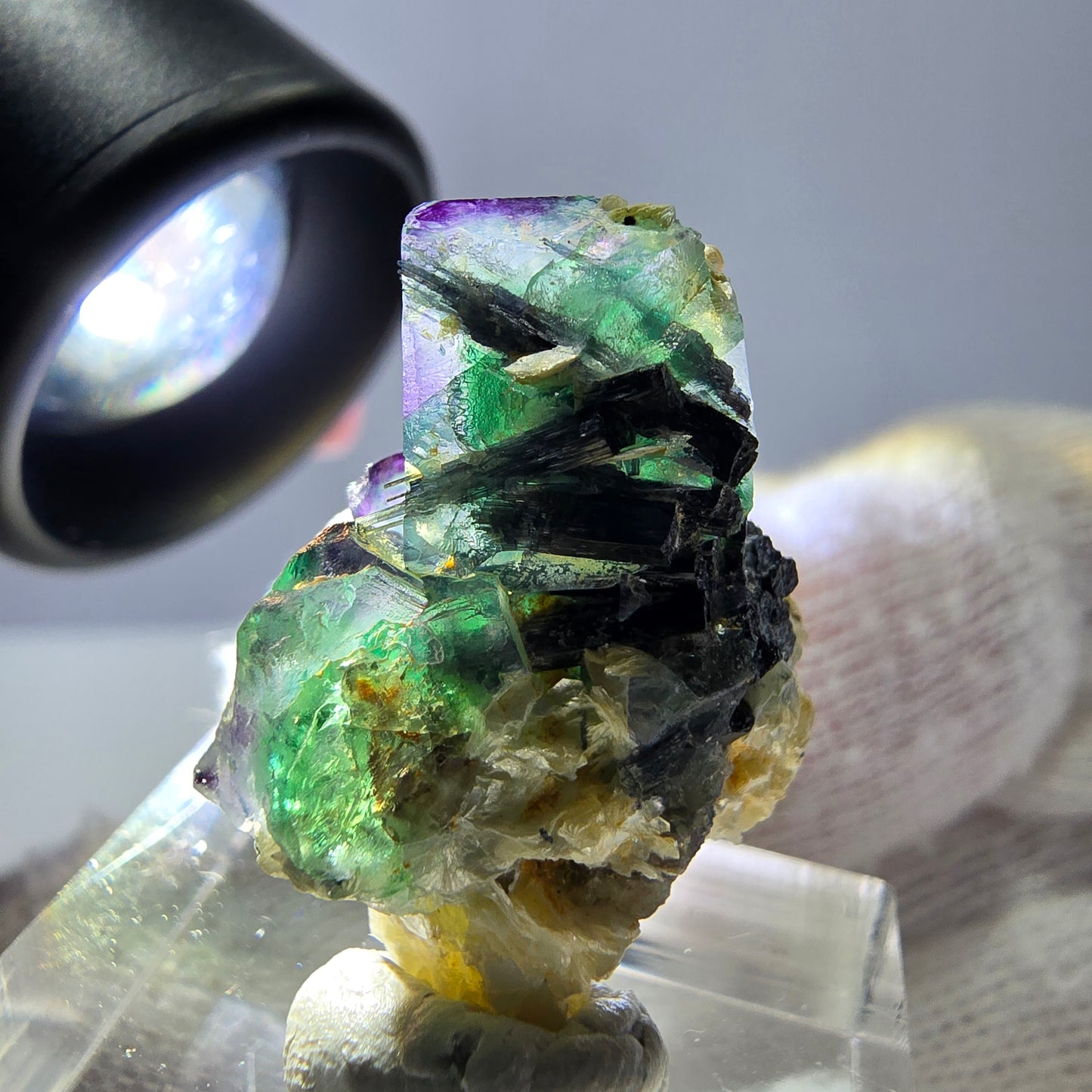 Cube de fluorite fantôme zonal, tourmaline muscovite Schorl Erongo Namibie 26 x 19 x 15 mm