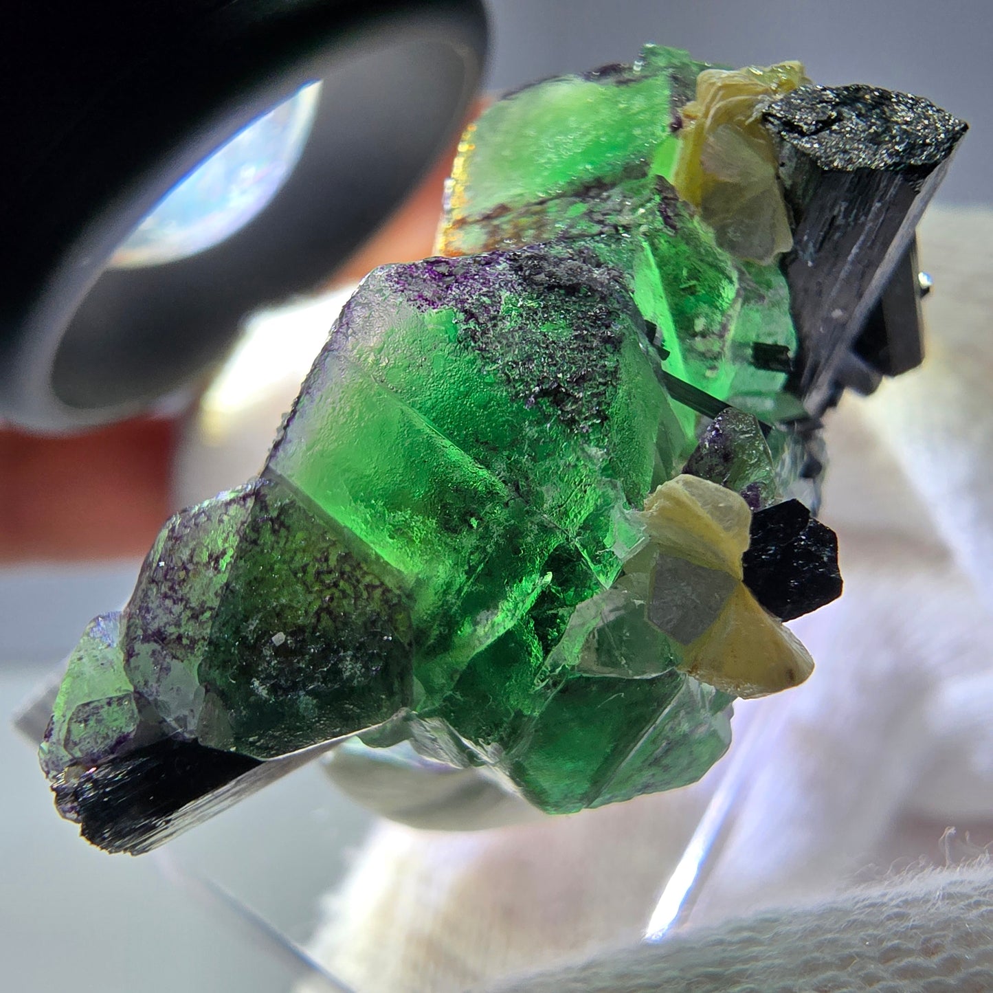 Cube de fluorite fantôme zonal, tourmaline muscovite Schorl Erongo Namibie 36 x 22 x 19 mm