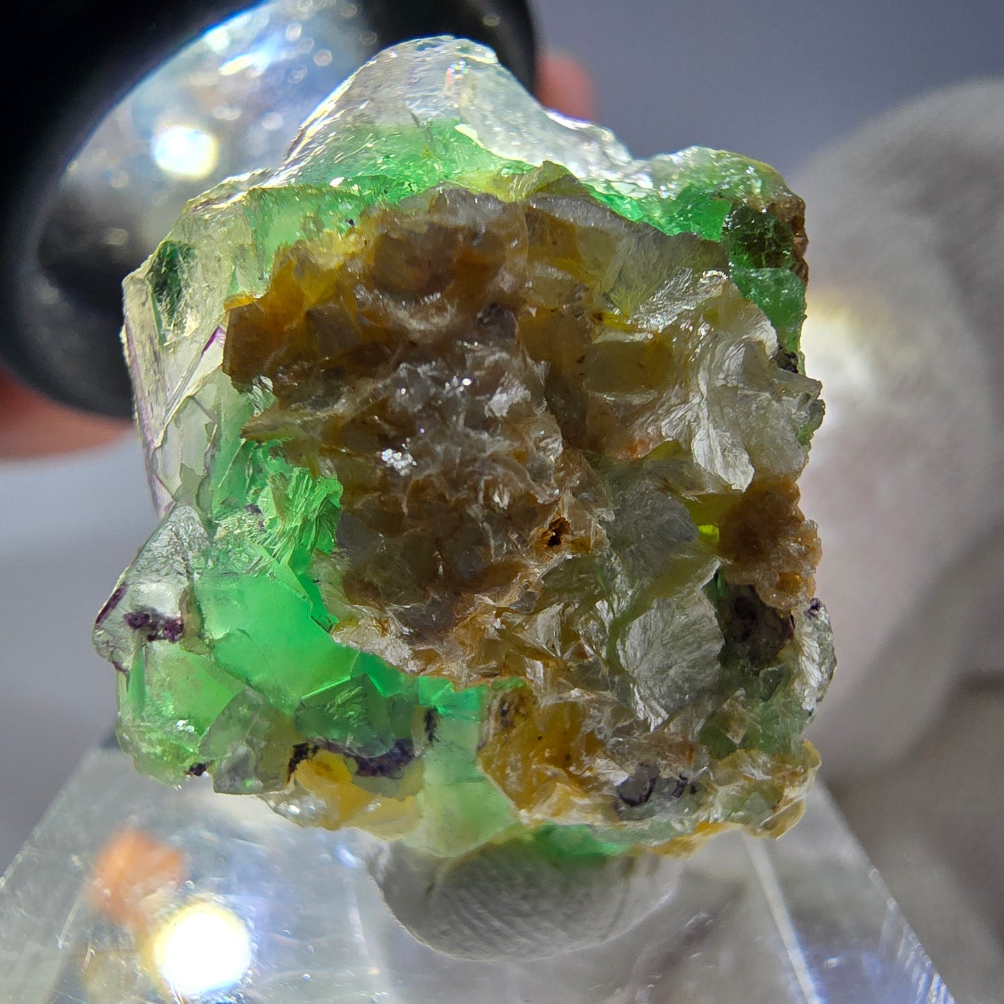 Cube de fluorite fantôme zonal, muscovite, spécimen d'hyalite, Erongo, Namibie, 26 x 18 x 16 mm