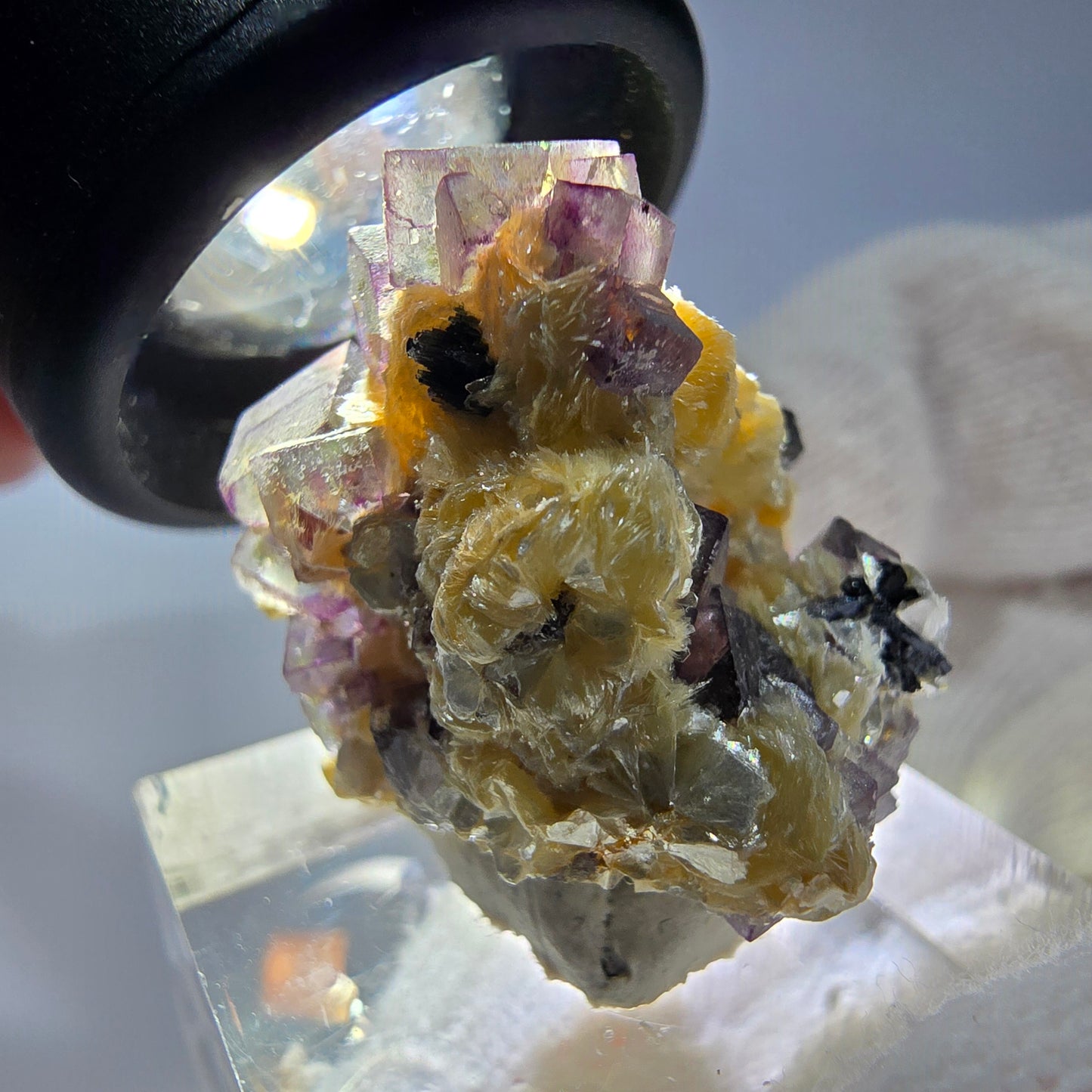 Spécimen de fluorite fantôme colorée, tourmaline scholle, muscovite, Erongo, Namibie, 31 x 21 x 21 mm