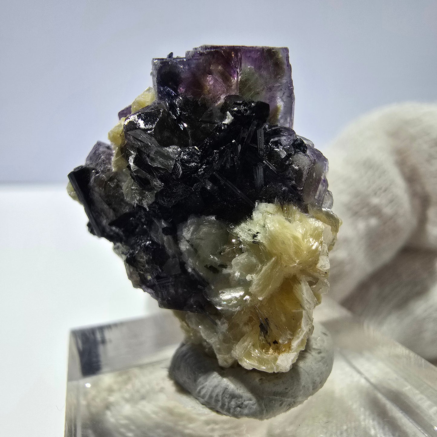 Spécimen de fluorite fantôme colorée, tourmaline scholle, muscovite, Erongo, Namibie, 25 x 22 x 14 mm