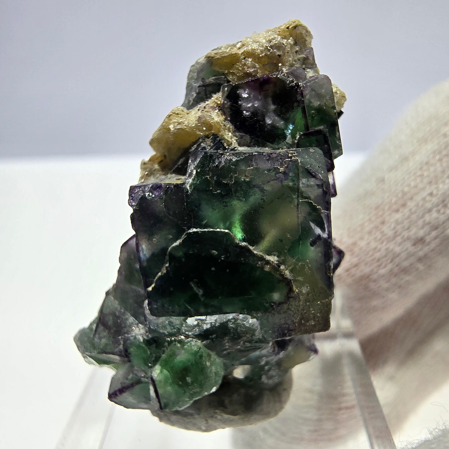 Cube de fluorite fantôme zonal, tourmaline muscovite Schörl hyalite Erongo, Namibie 36 x 21 x 17 mm