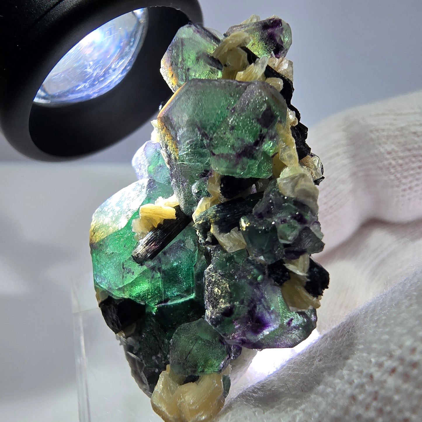 Cube de fluorite fantôme hexagonal, muscovite, tourmaline Schörl Erongo, Namibie 41*28*21mm