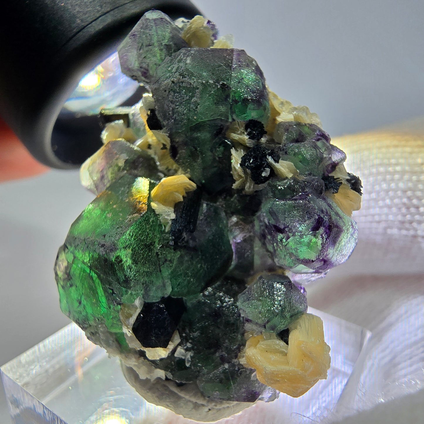 Cube de fluorite fantôme hexagonal, muscovite, tourmaline Schörl Erongo, Namibie 41*28*21mm