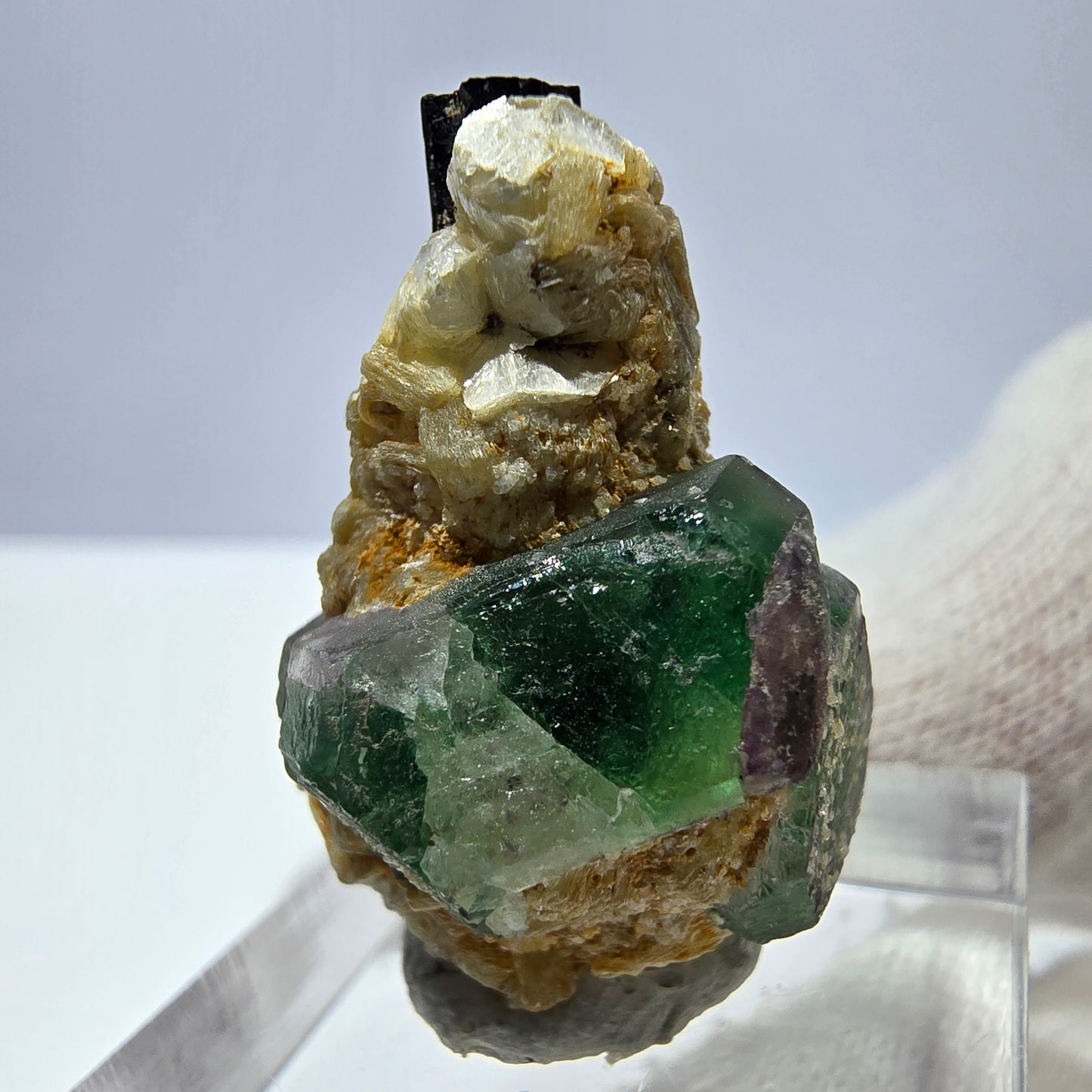 Cube de fluorite fantôme, muscovite et tourmaline Schorl, spécimen d'Erongo, Namibie, 29 x 19 x 17 mm