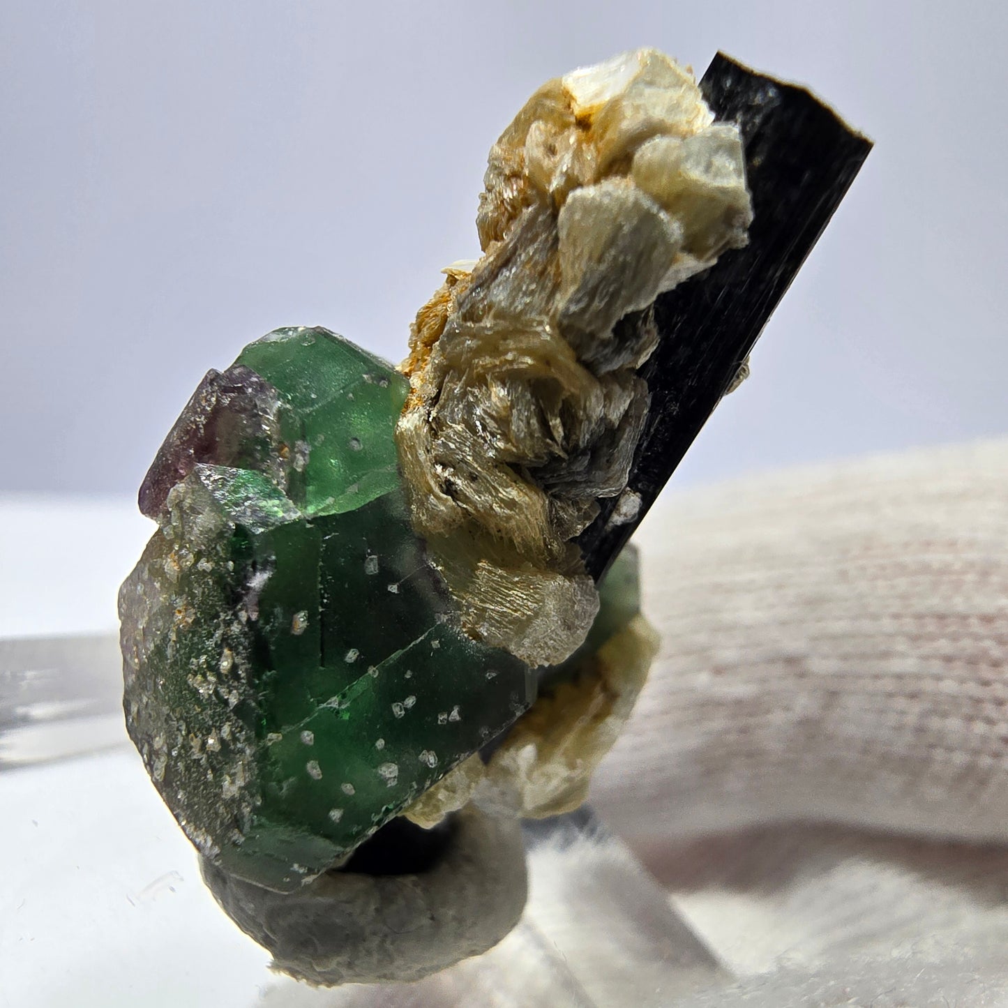 Cube de fluorite fantôme, muscovite et tourmaline Schorl, spécimen d'Erongo, Namibie, 29 x 19 x 17 mm