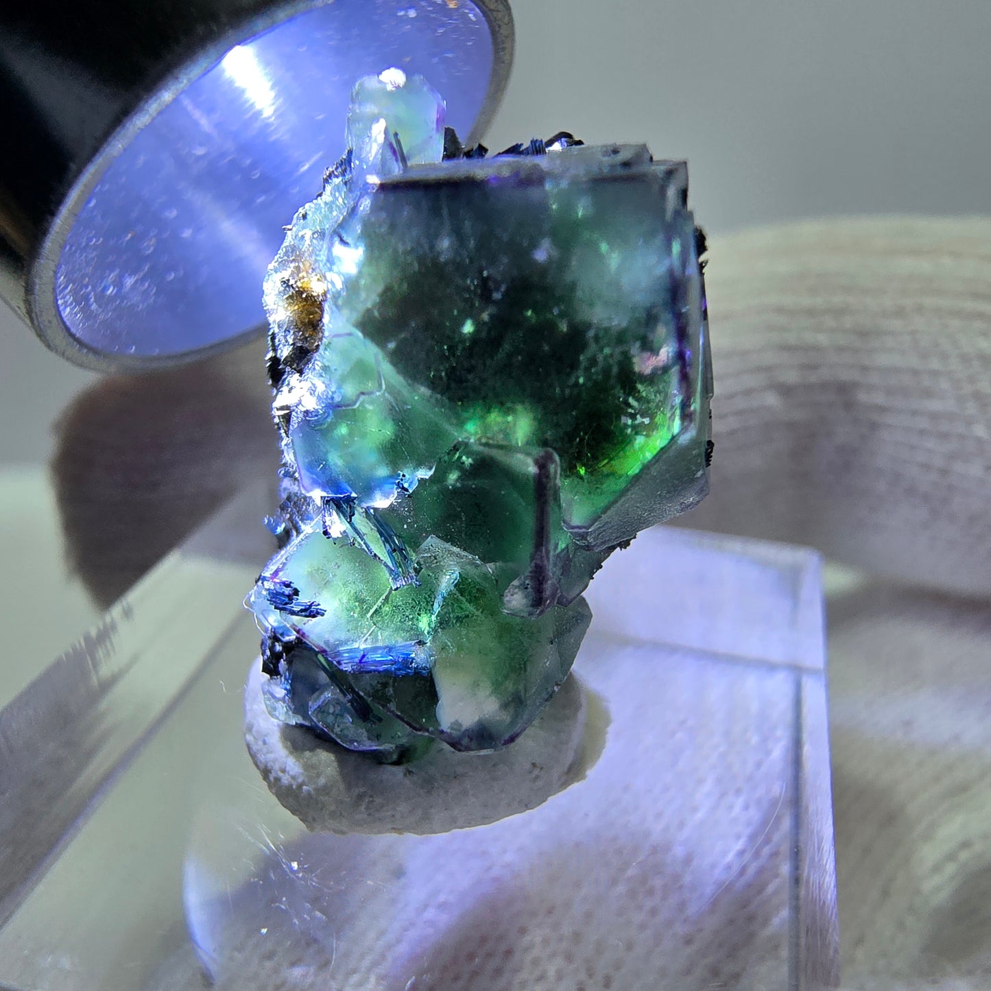 Cube de fluorite fantôme zonal, tourmaline muscovite Schörl hyalite Erongo, Namibie 21 x 15 x 15 mm