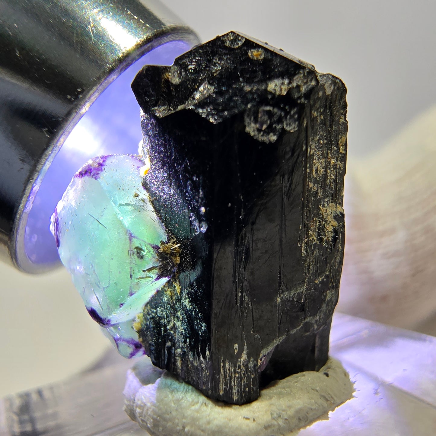 Spécimen de cube de fluorite fantôme zonal, de muscovite et de tourmaline Schorl, Erongo, Namibie, 20 x 19 x 13 mm