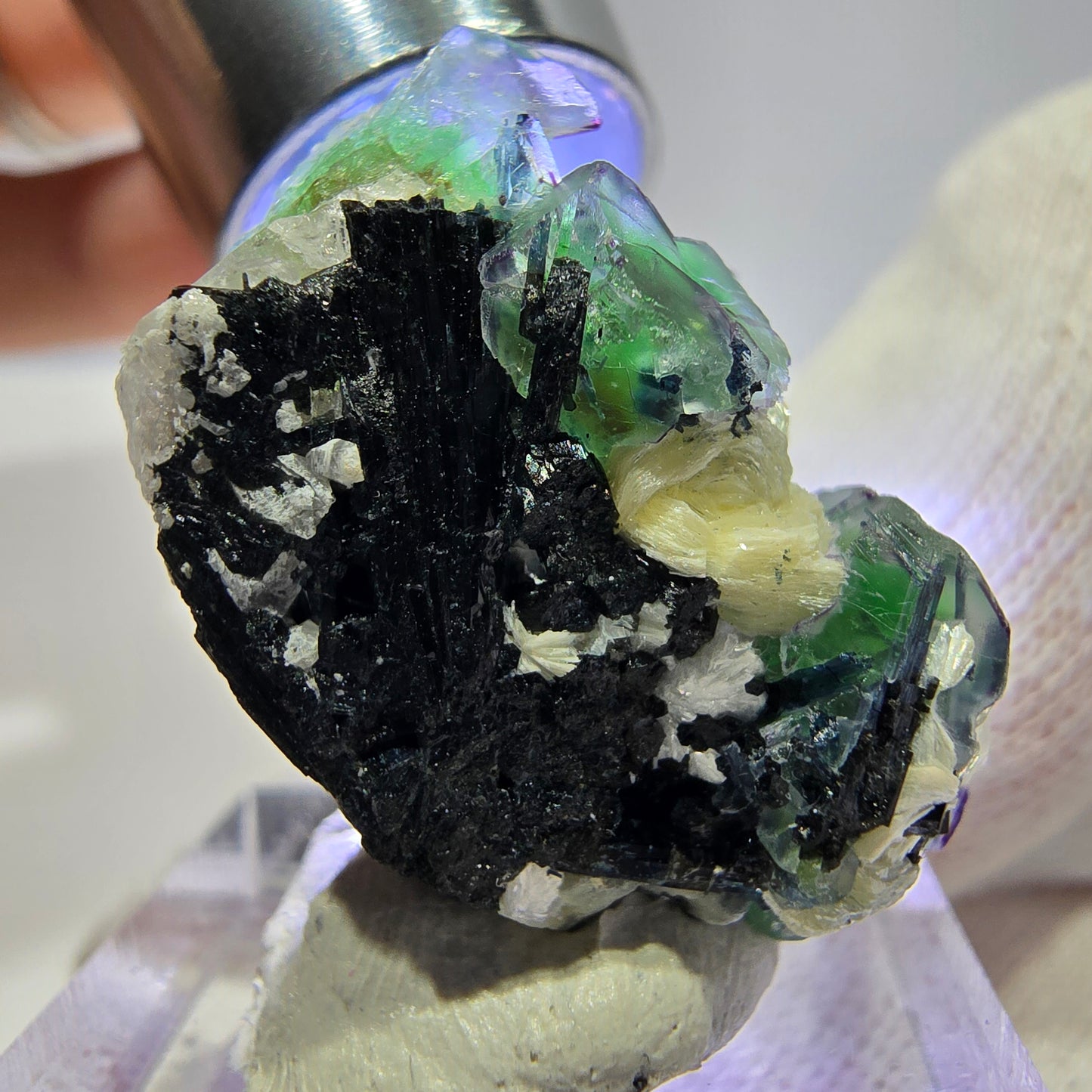 Fluorite fantôme zonale, muscovite, tourmaline Schörl, quartz fumé Erongo, Namibie 31*18*13mm