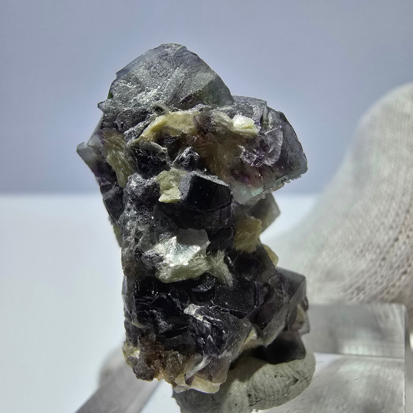 Cubes de fluorite fantôme colorés, spécimen de muscovite, Erongo, Namibie, 28 x 20 x 20 mm