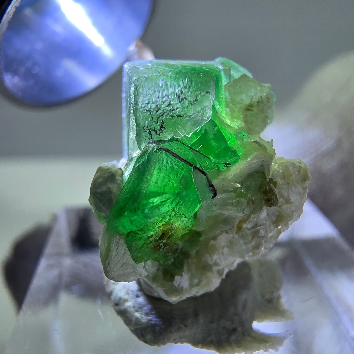 Cube de fluorite fantôme zonal, quartz fumé, spécimen de muscovite, Erongo, Namibie, 19 x 15 x 12 mm
