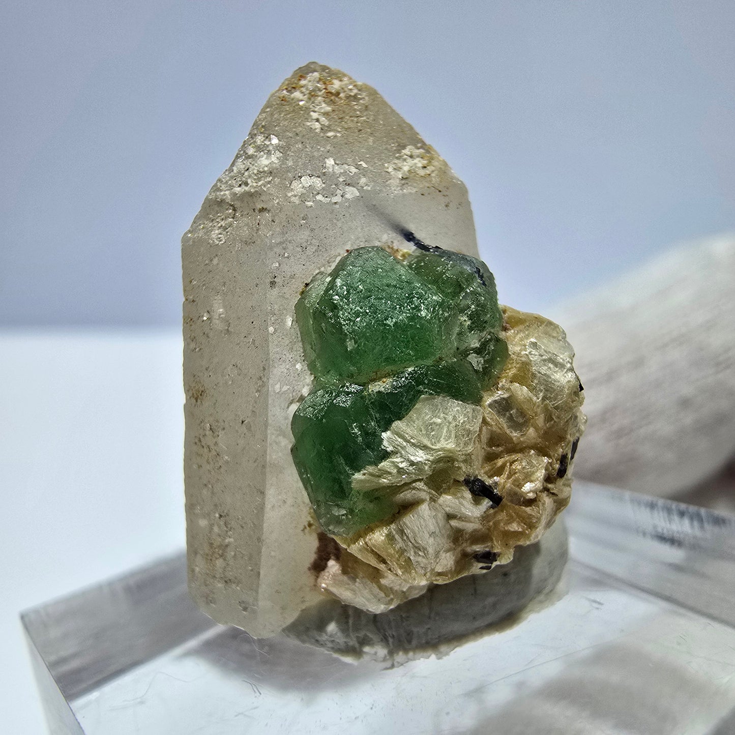 Fluorite fantôme, quartz fumé, hyalite, tourmaline de Schörl, muscovite, Erongo, Namibie, 23 x 19 x 15 mm