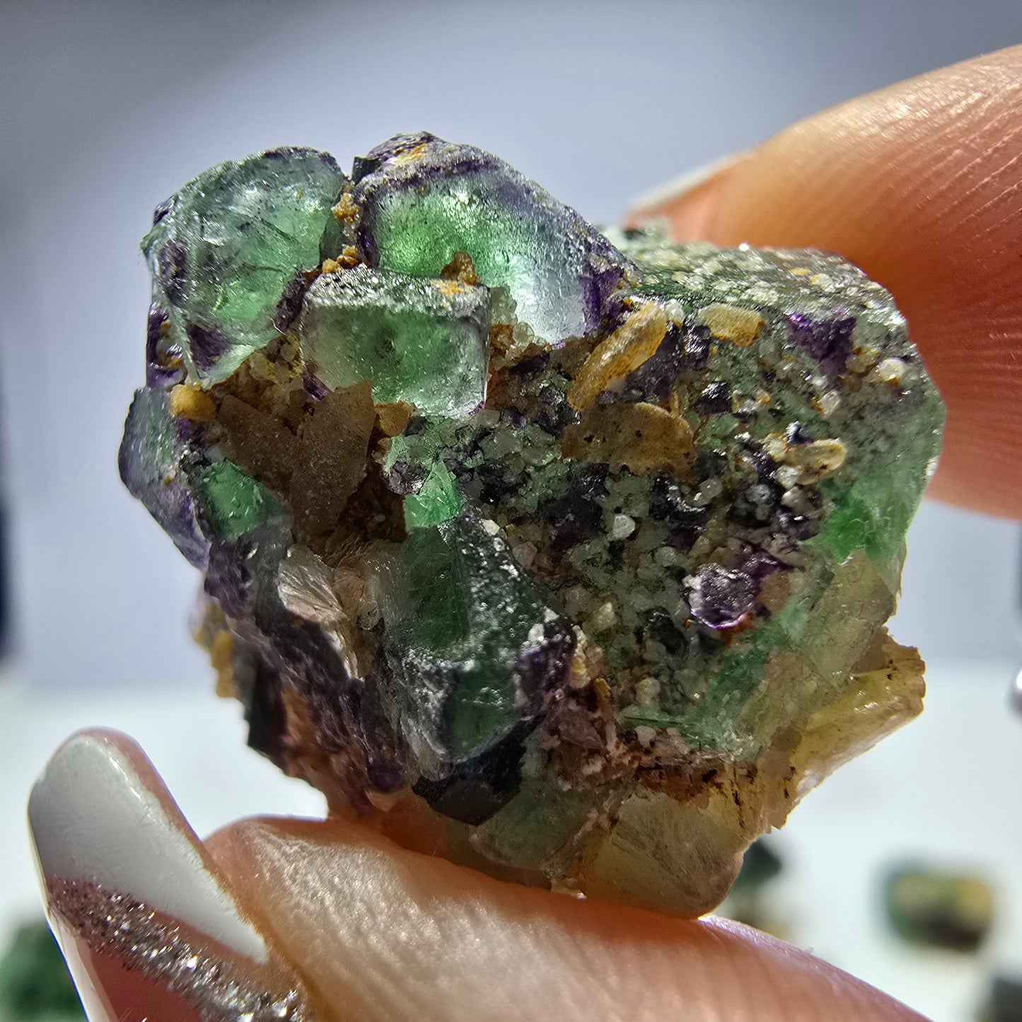 Lot de 16 fluorites fantômes, hyalites, tourmalines Schörl, muscovites, Erongo, Namibie