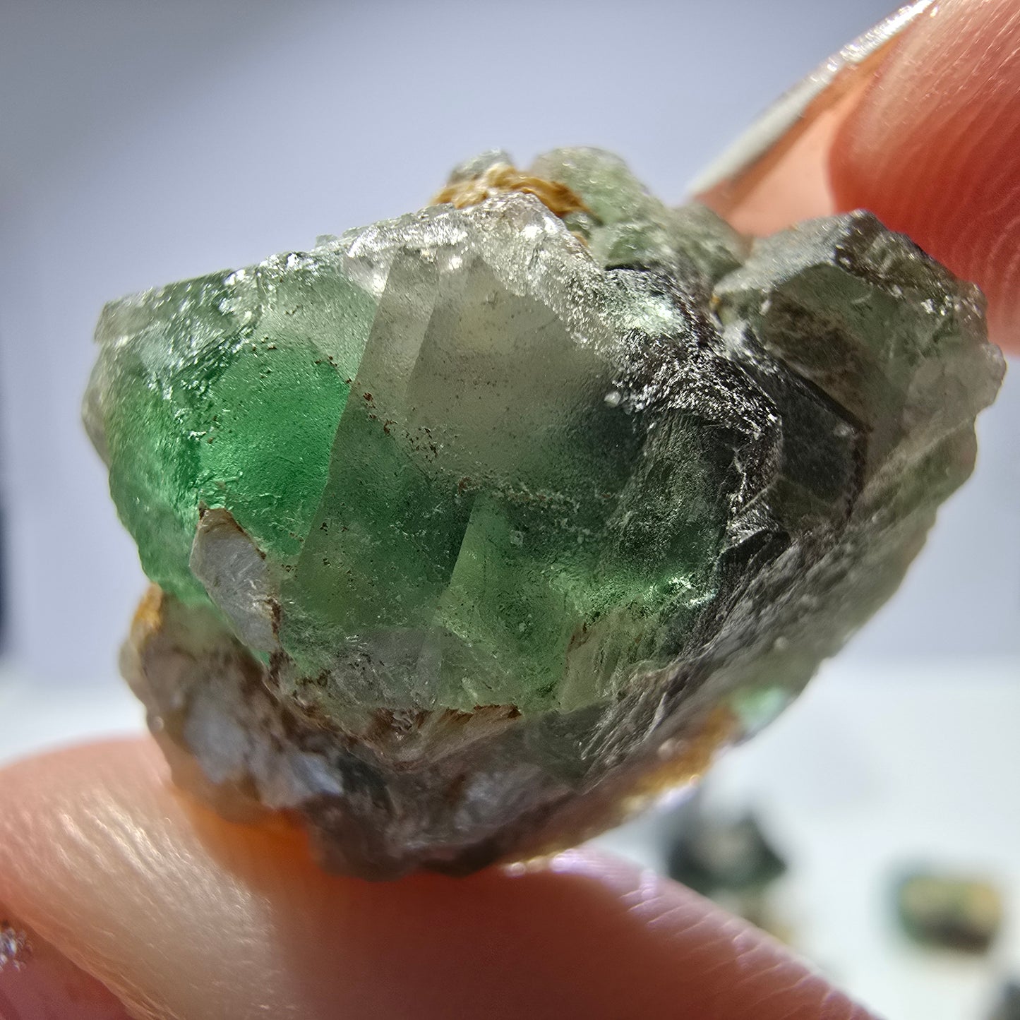 Lot de 16 fluorites fantômes, hyalites, tourmalines Schörl, muscovites, Erongo, Namibie