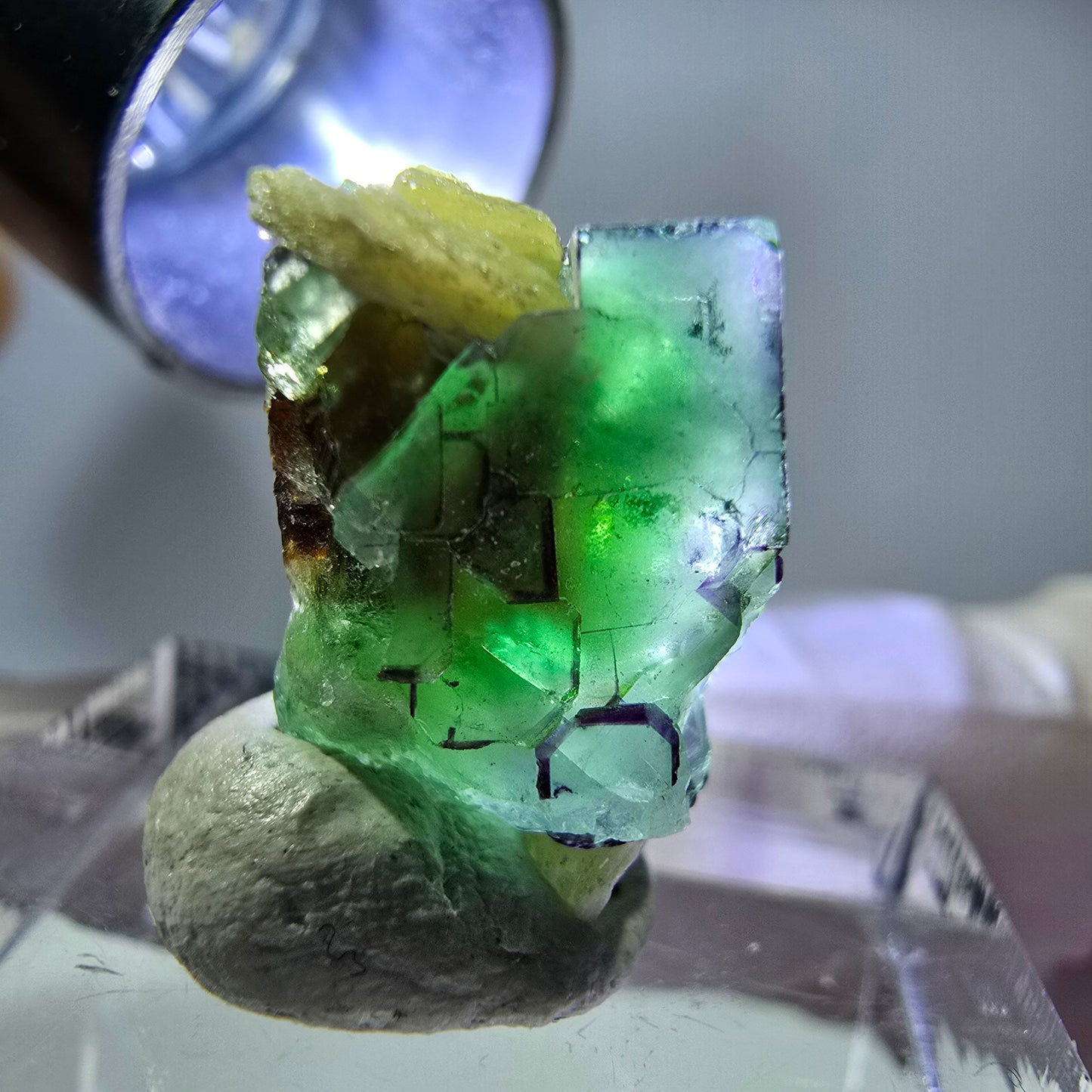 Cube de fluorite fantôme, zonal, spécimen de muscovite, Erongo, Namibie, 17 x 12 x 11 mm