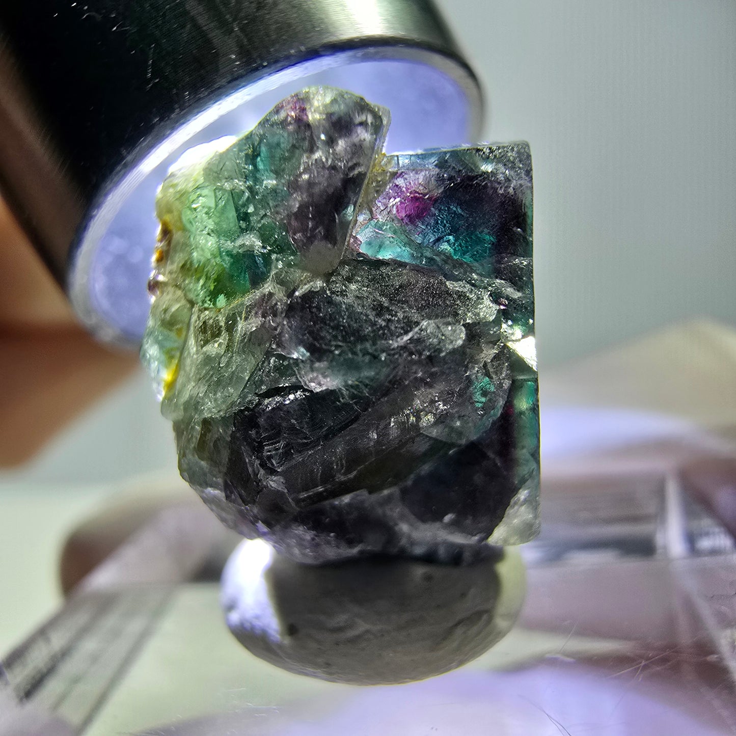 Spécimen de cube de fluorite fantôme, vert violet, Okorusu, Namibie, 18 x 14 x 12 mm
