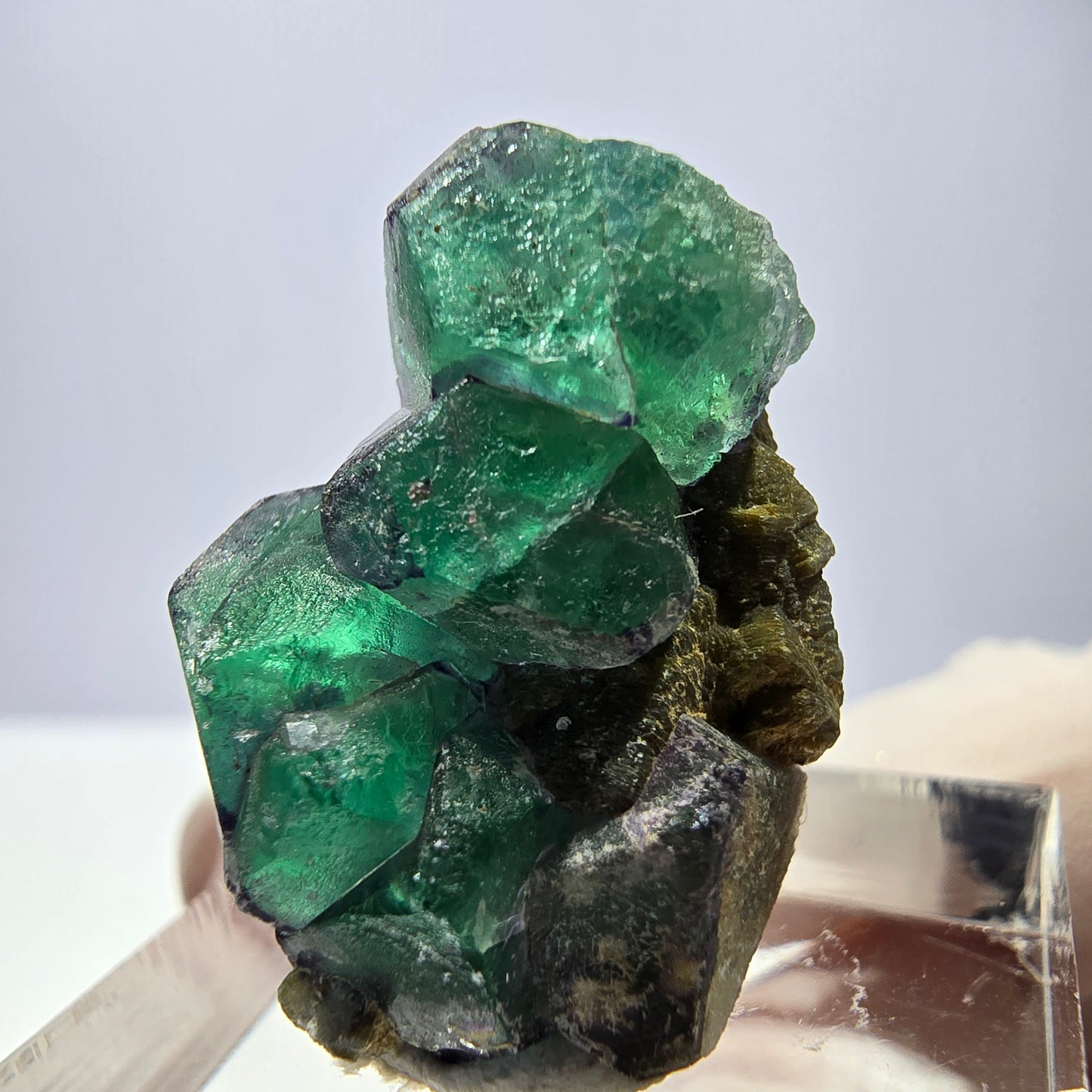 Cube hexagonal de fluorite fantôme, muscovite, tourmaline Schörl, Erongo, Namibie, 26 x 20 x 14 mm