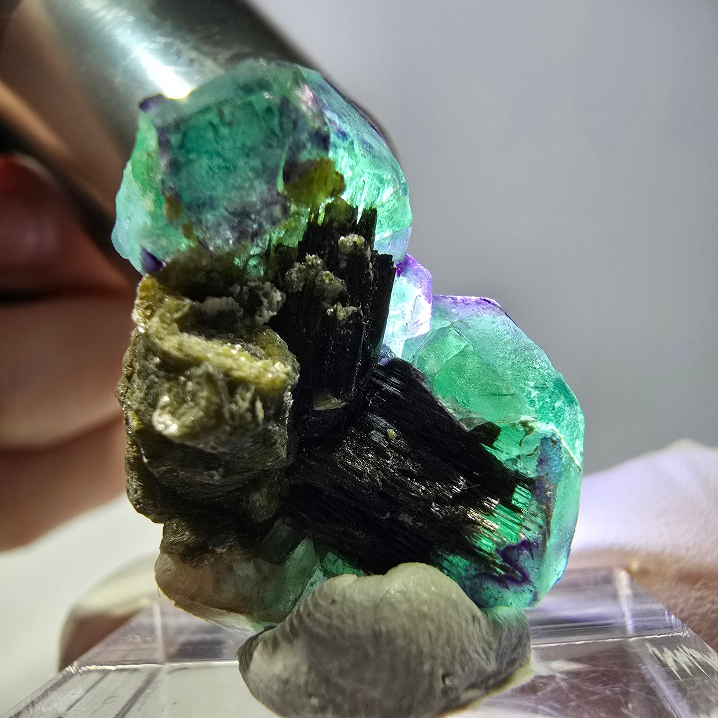 Cube hexagonal de fluorite fantôme, muscovite, tourmaline Schörl, Erongo, Namibie, 26 x 20 x 14 mm