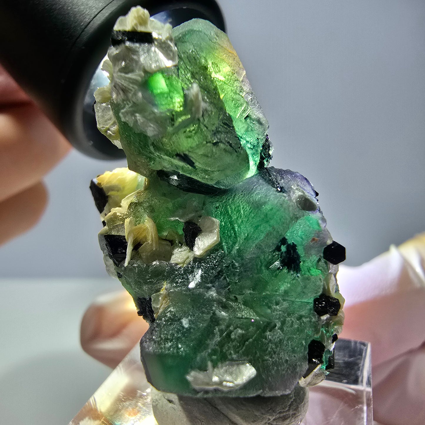 Cube de fluorite fantôme hexagonal, muscovite, tourmaline Schörl Erongo, Namibie 39*25*21mm