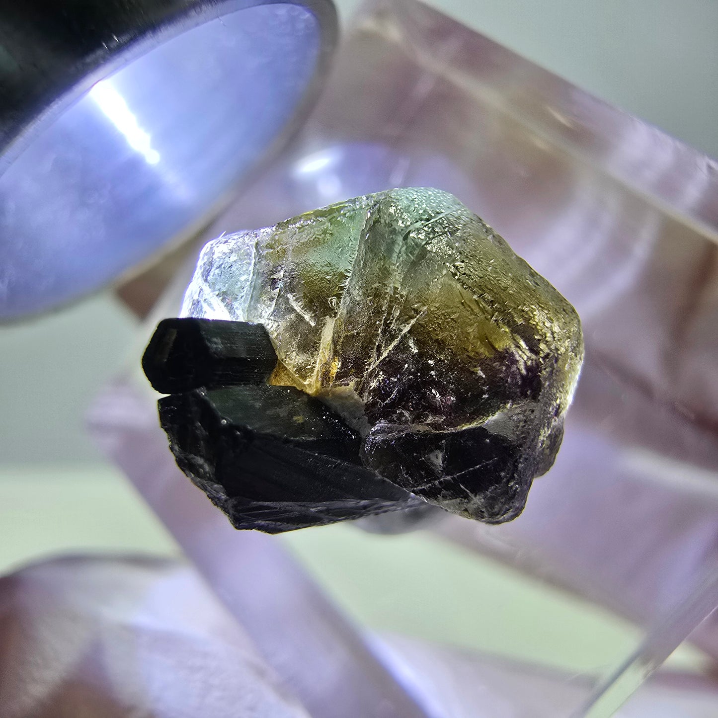 Spécimen de fluorite fantôme colorée et de tourmaline scholle muscovite, Erongo, Namibie, 14 x 10 x 15 mm