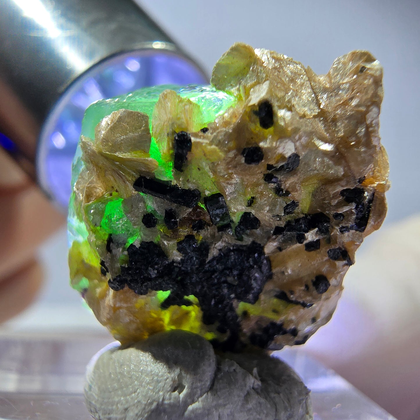 Cube hexagonal de fluorite fantôme, muscovite, tourmaline Schörl, Erongo, Namibie, 20 x 17 x 13 mm