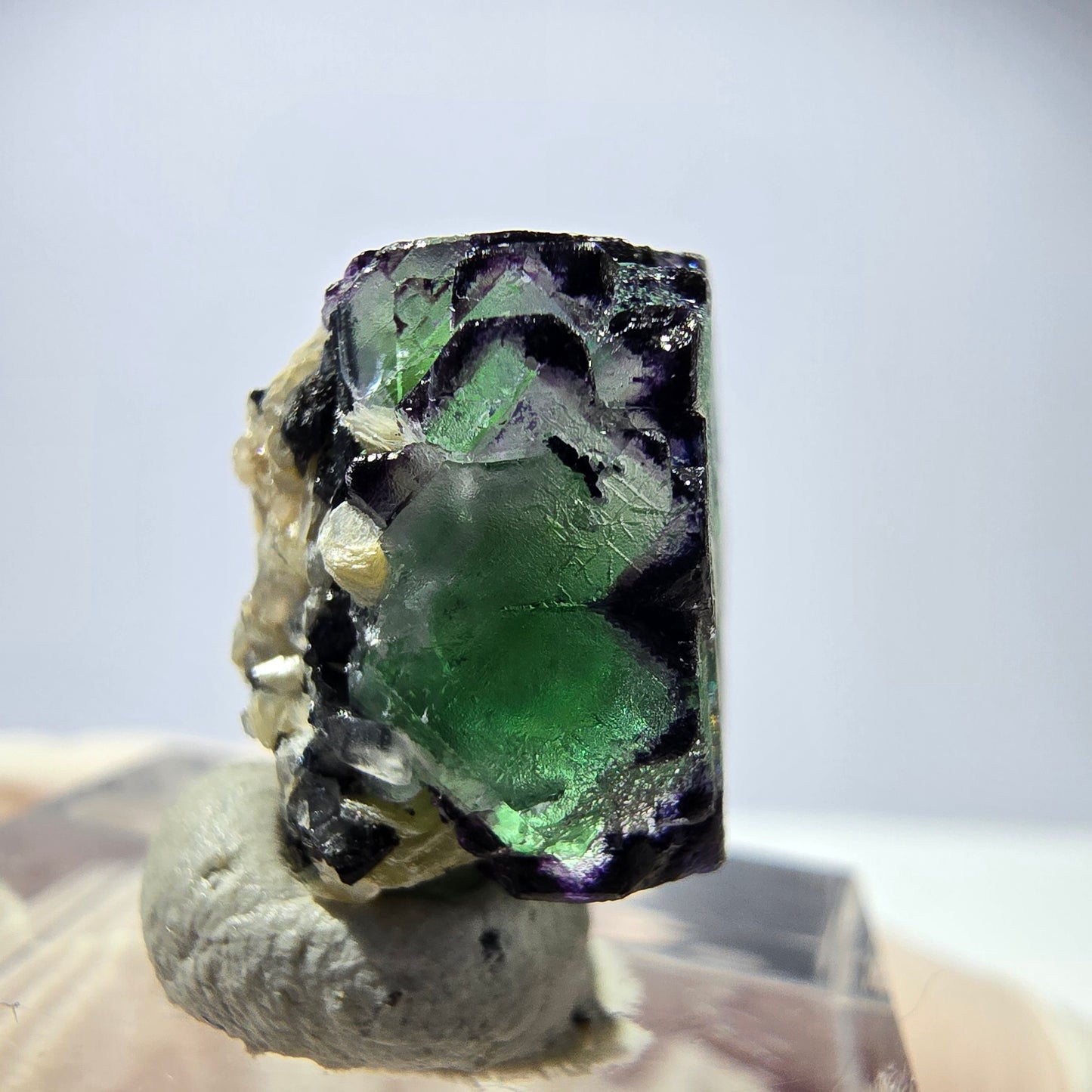 Cube de fluorite fantôme, zonal, muscovite, tourmaline Schorl, Erongo, Namibie, 17 x 14 x 12 mm
