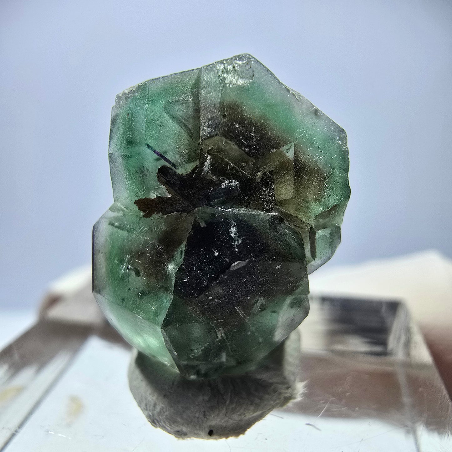 Cube hexagonal de fluorite fantôme, tourmaline Schorl d'Erongo, Namibie 17 x 13 x 12 mm