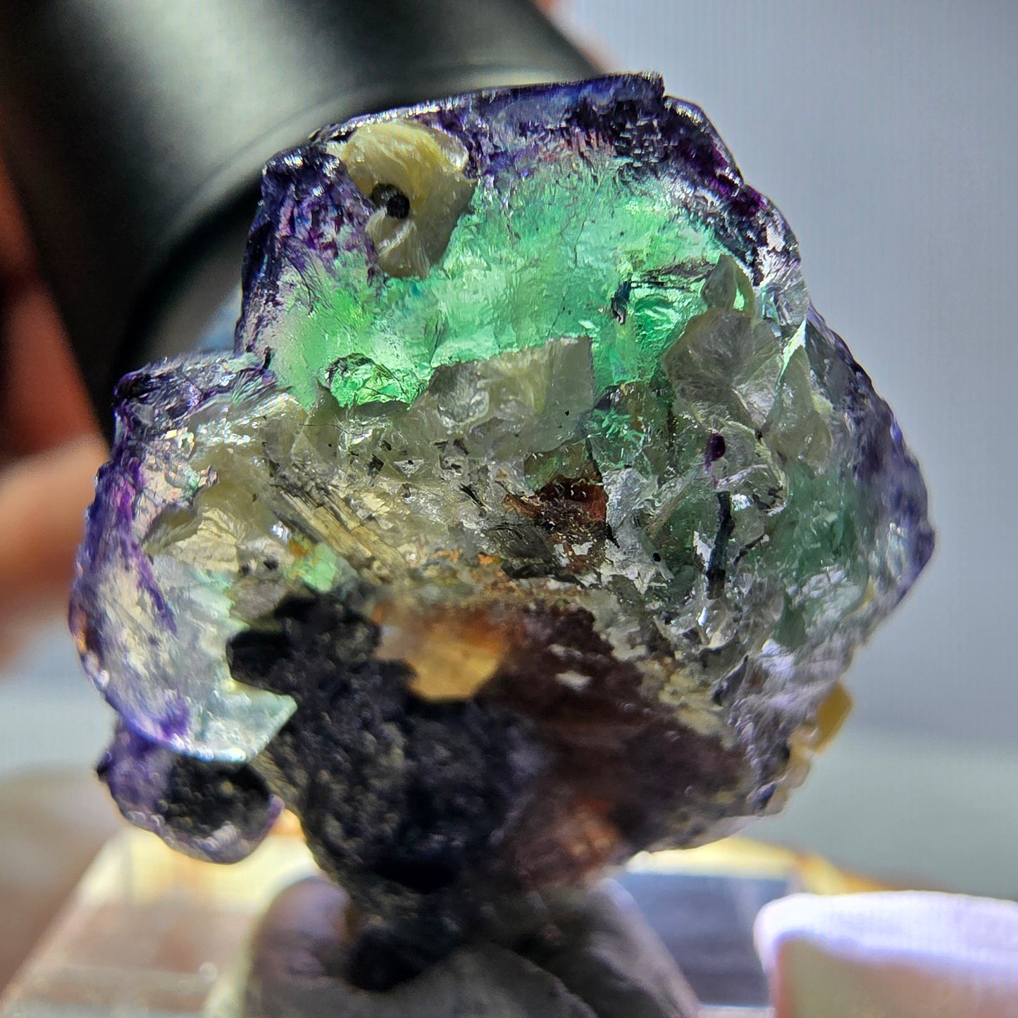 Cubes de fluorite fantôme colorés hexagonaux, tourmaline Schorl Erongo, Namibie 27 x 25 x 20 mm