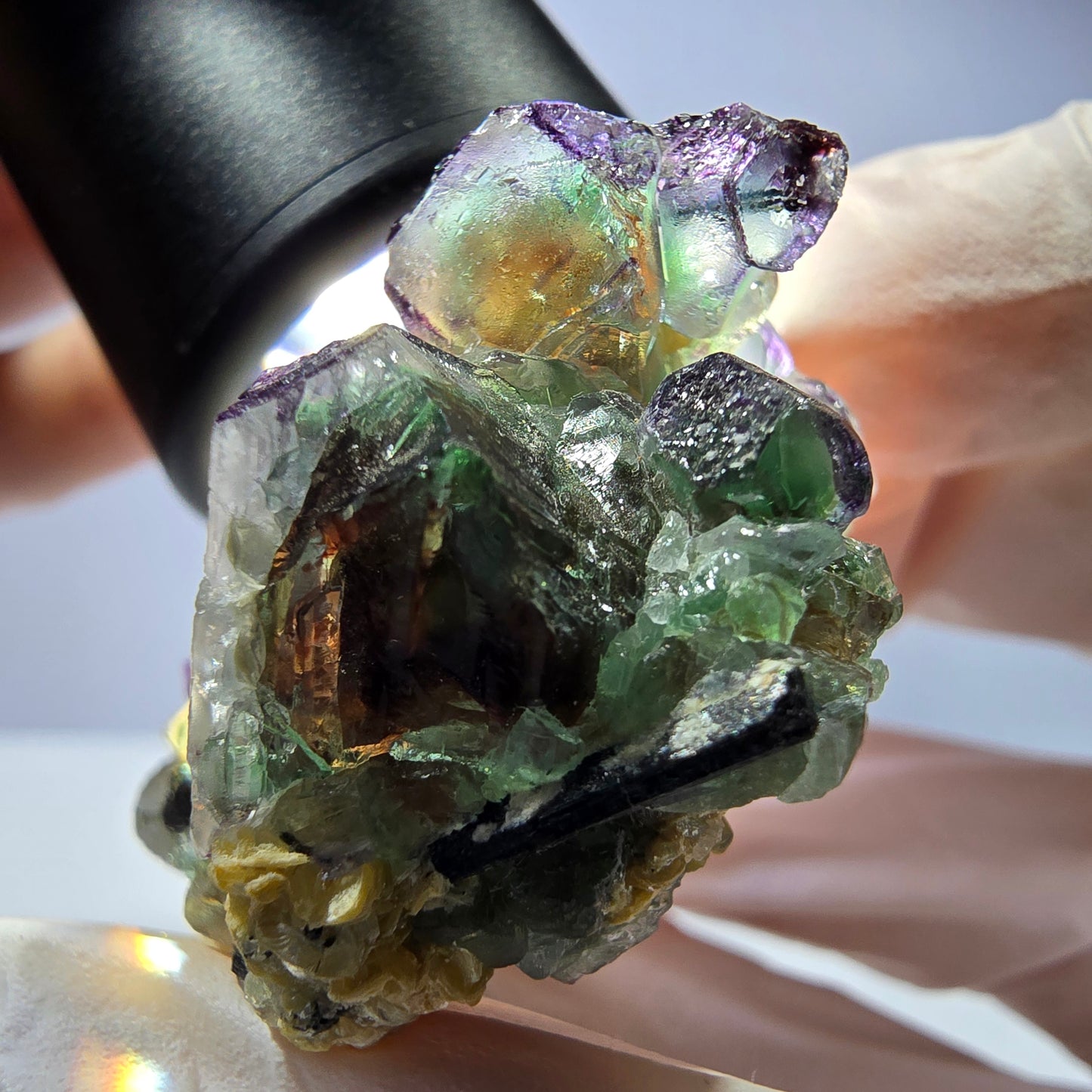 Cube de fluorite fantôme, zonal, muscovite, spécimen de tourmaline Schorl, Erongo, Namibie, 42 x 35 x 23 mm