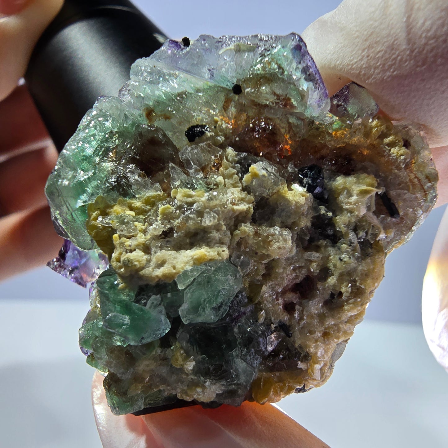 Cube de fluorite fantôme, zonal, muscovite, spécimen de tourmaline Schorl, Erongo, Namibie, 42 x 35 x 23 mm