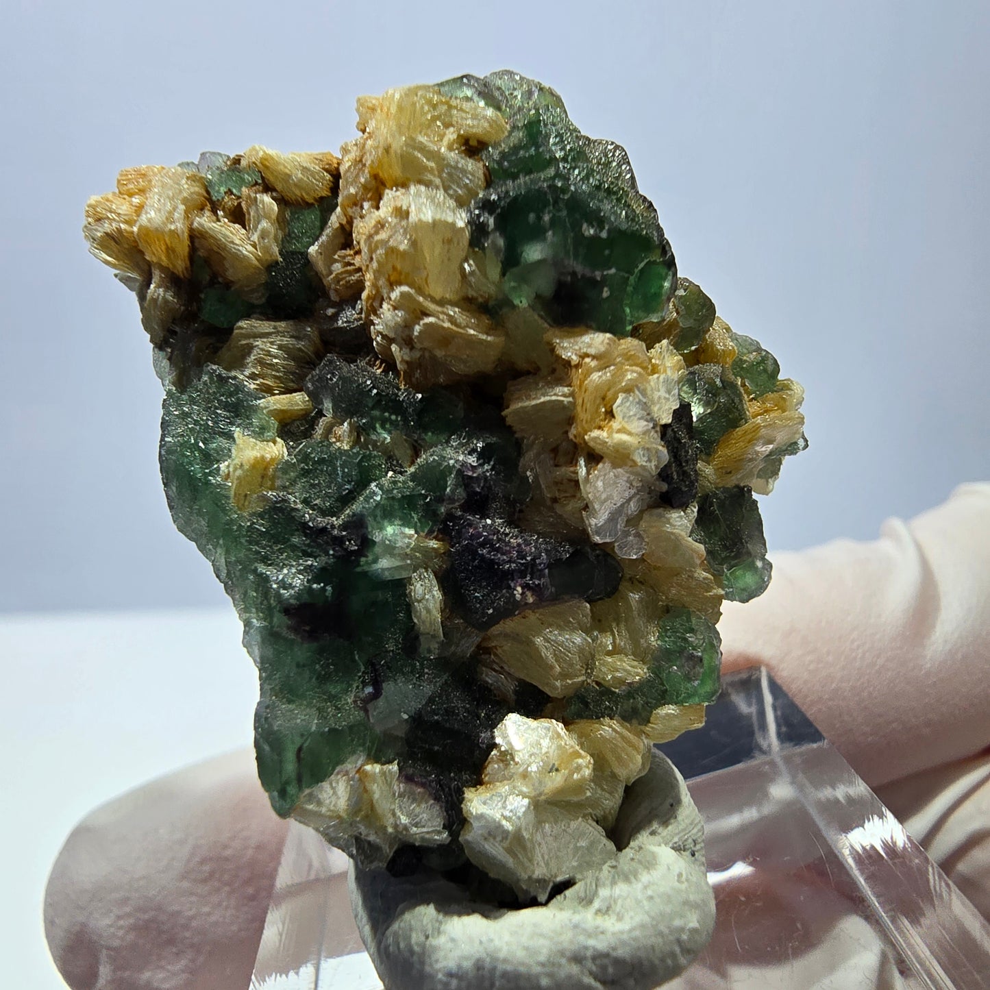Cube de fluorite fantôme, muscovite et tourmaline Schorl, spécimen d'Erongo, Namibie, 37 x 34 x 18 mm