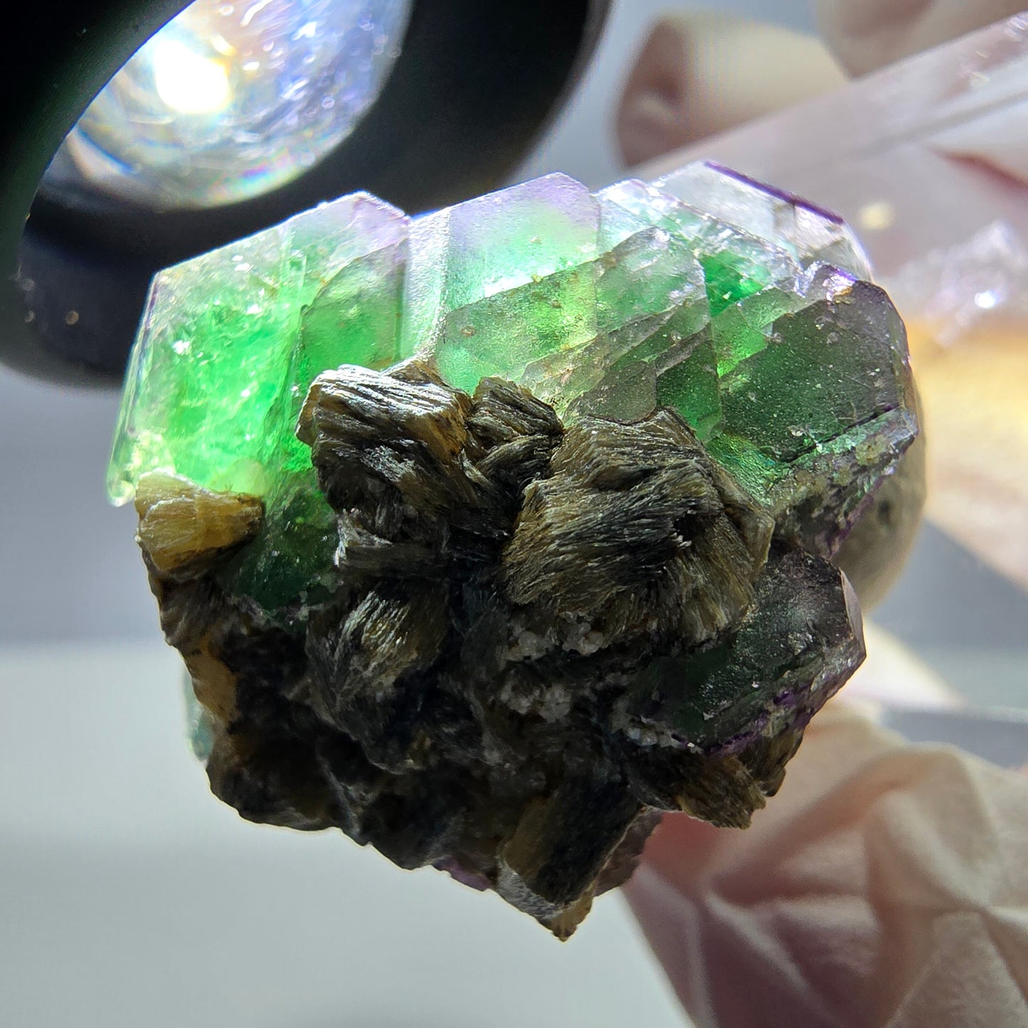 Cube hexagonal de fluorite fantôme, muscovite, tourmaline Schörl, Erongo, Namibie 26 x 24 x 24 mm