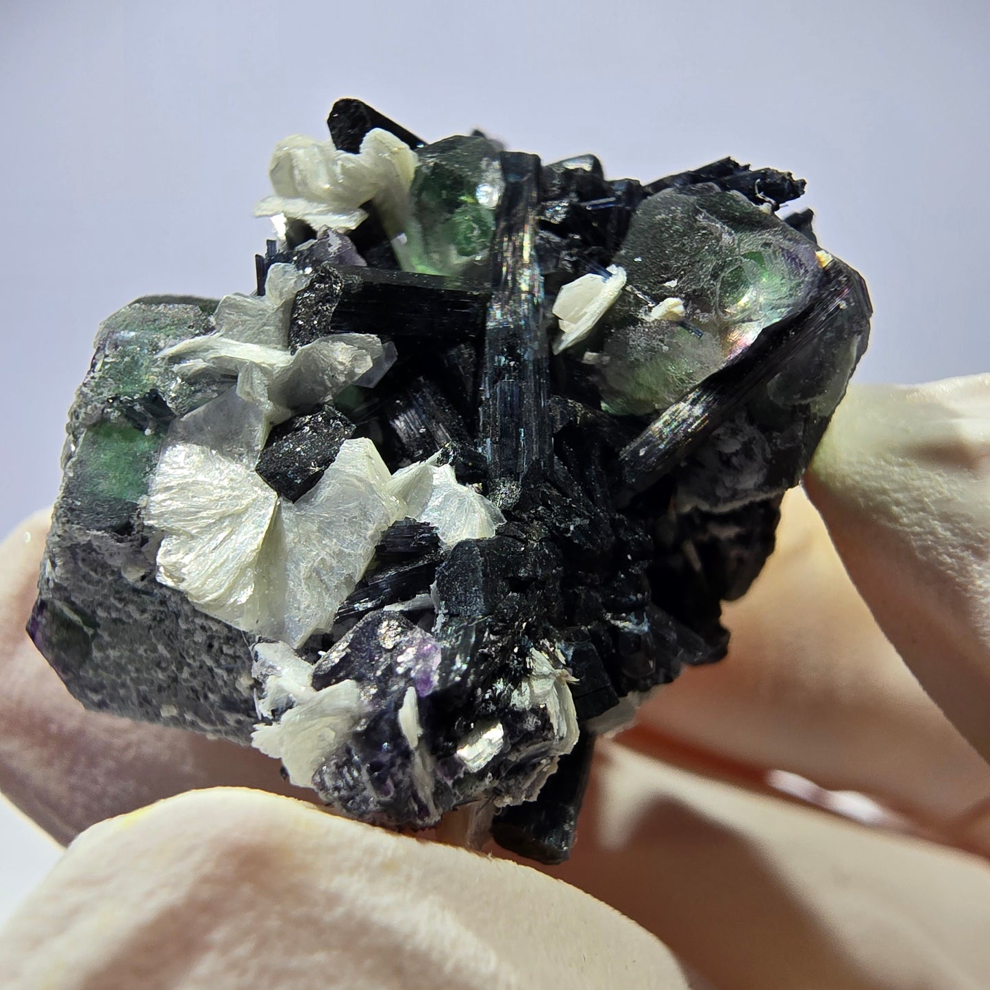 Tourmaline Schorl rare, cube de fluorite, spécimen de muscovite, Erongo, Namibie, 30 x 23 x 21 mm
