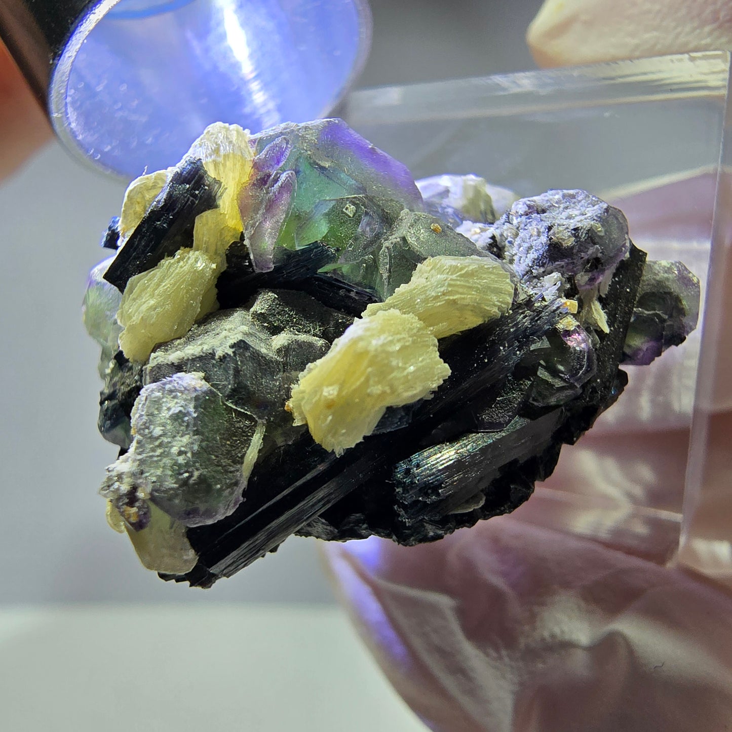Cube hexagonal de fluorite fantôme, muscovite, tourmaline Schörl, Erongo, Namibie 28 x 25 x 18 mm