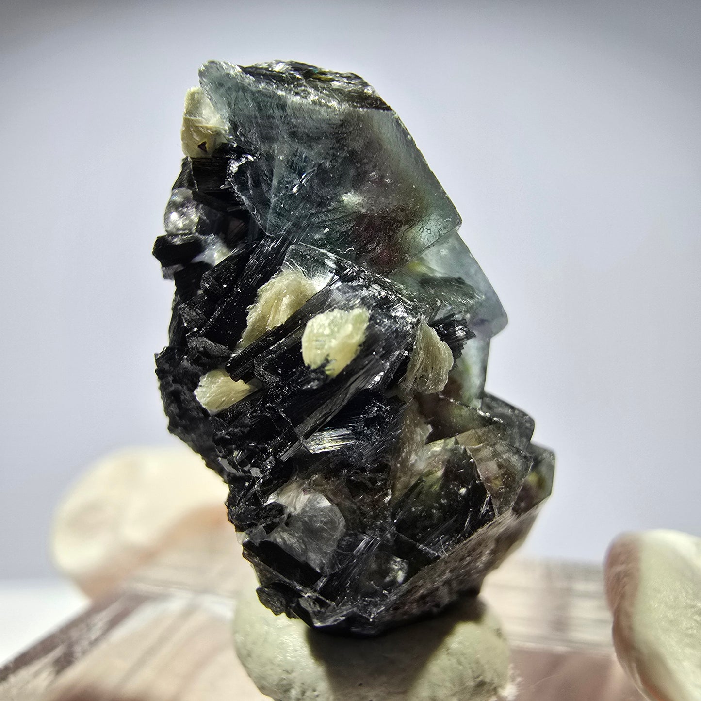 Cubes de fluorite fantôme colorés, muscovite, tourmaline Schorl, hyalite Erongo, Namibie 27 x 15 x 15 mm