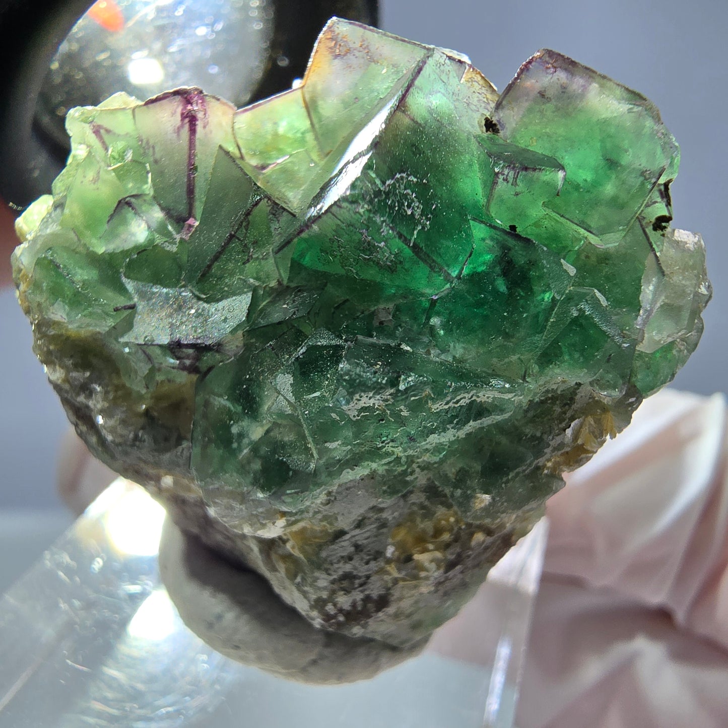 Cube de fluorite fantôme, zonal, muscovite, spécimen de calcite UV, Erongo, Namibie, 31 x 31 x 19 mm