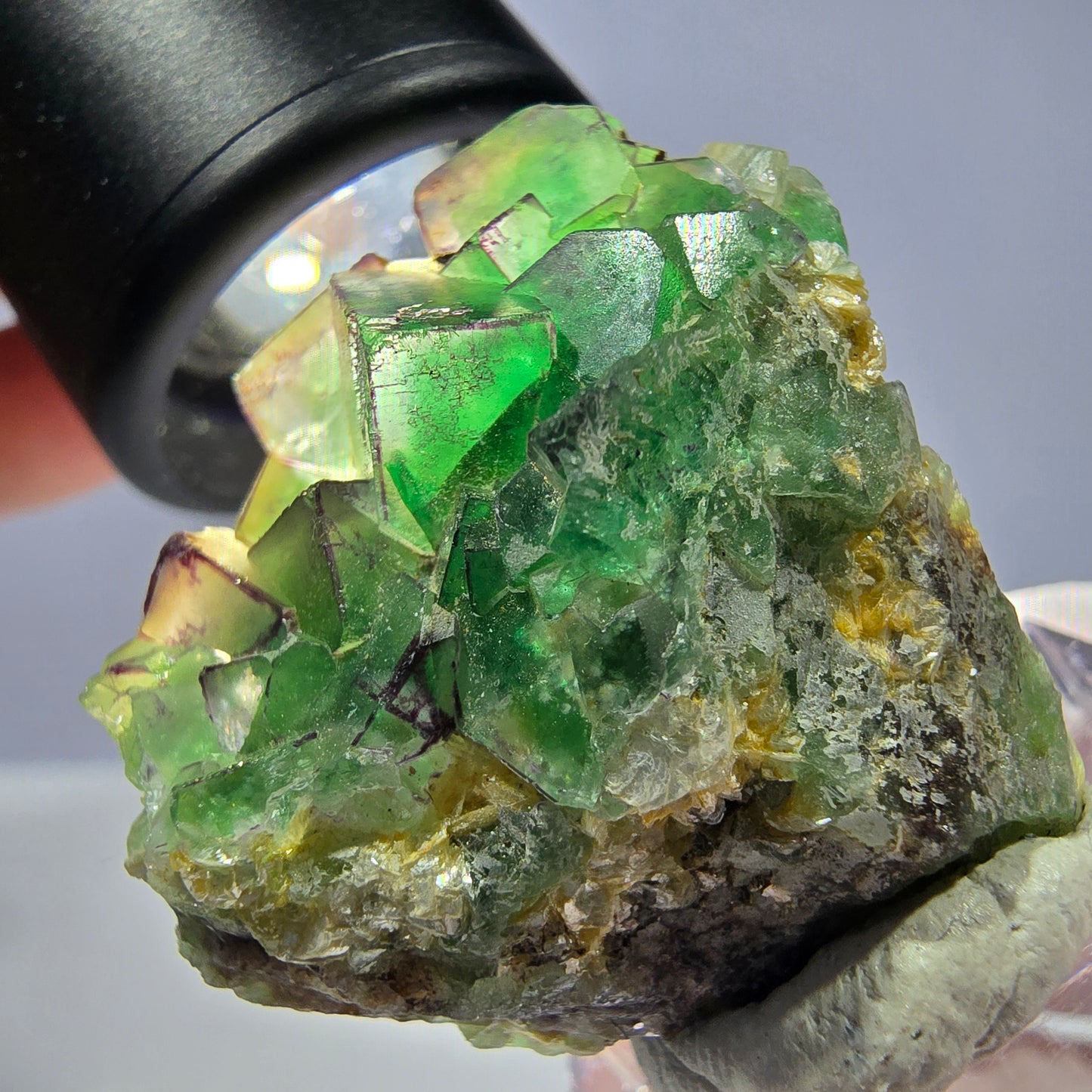 Cube de fluorite fantôme, zonal, muscovite, spécimen de calcite UV, Erongo, Namibie, 31 x 31 x 19 mm