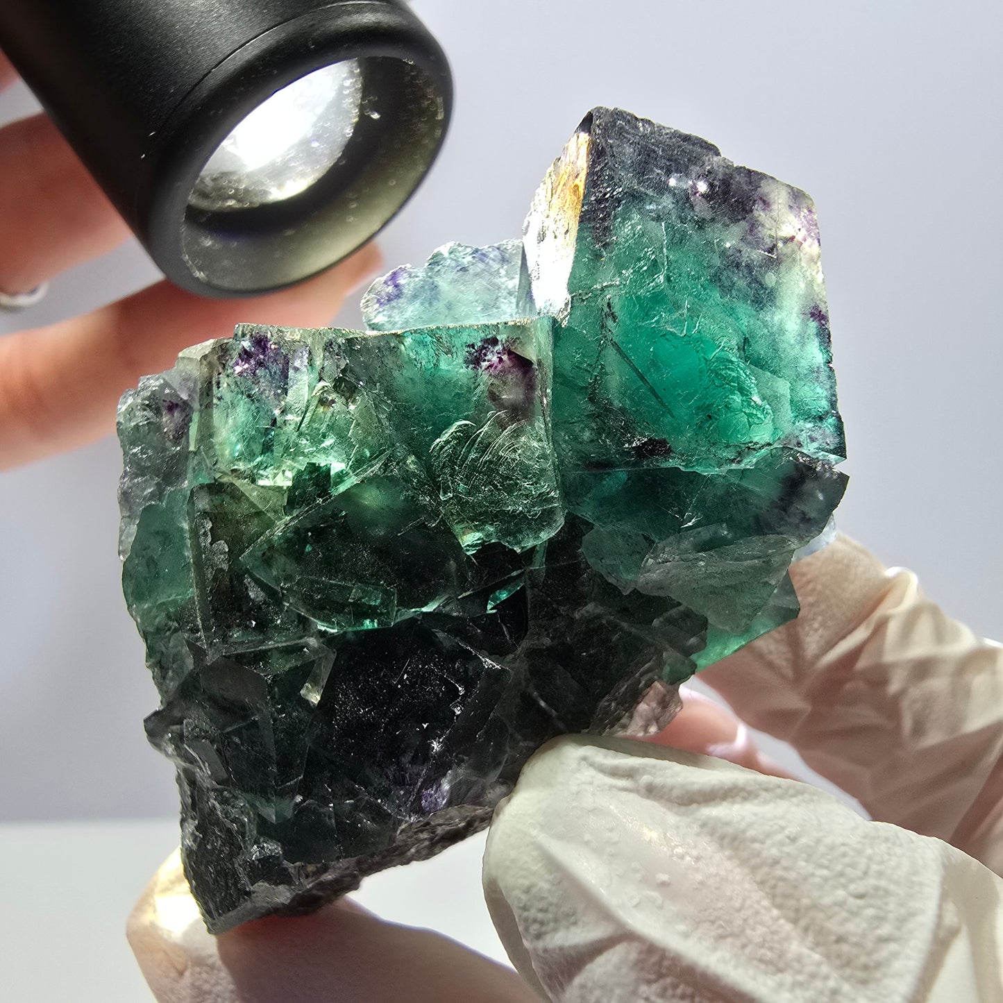 Spécimen de cube de fluorite fantôme, parqueté, vert violet Okorusu, Namibie 62*45*29mm